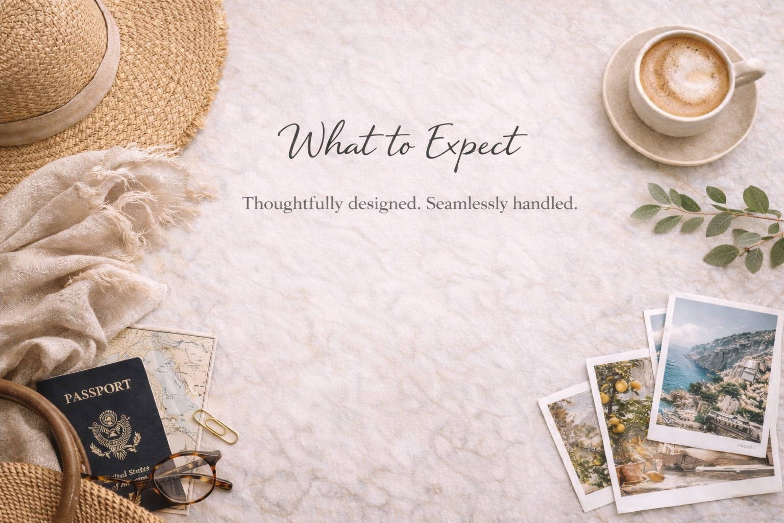 Travel and vacation planning scene with a straw hat, scarf, passport, sunglasses, photos, a cup of coffee, and greenery on a light fabric background.