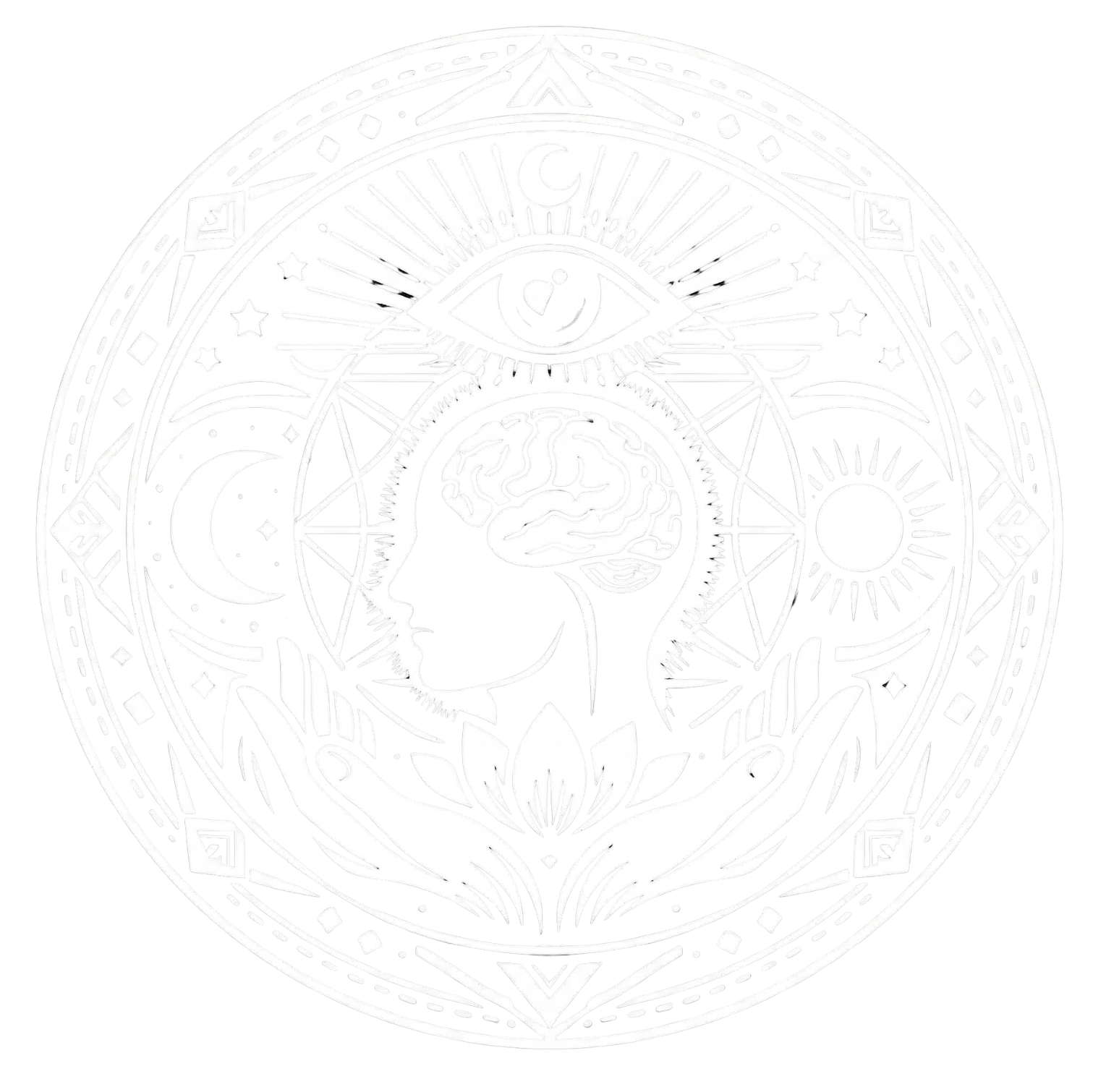 Black and white mystical design with an eye at the top, a woman's face silhouette with a brain inside, surrounded by celestial symbols and geometric patterns.