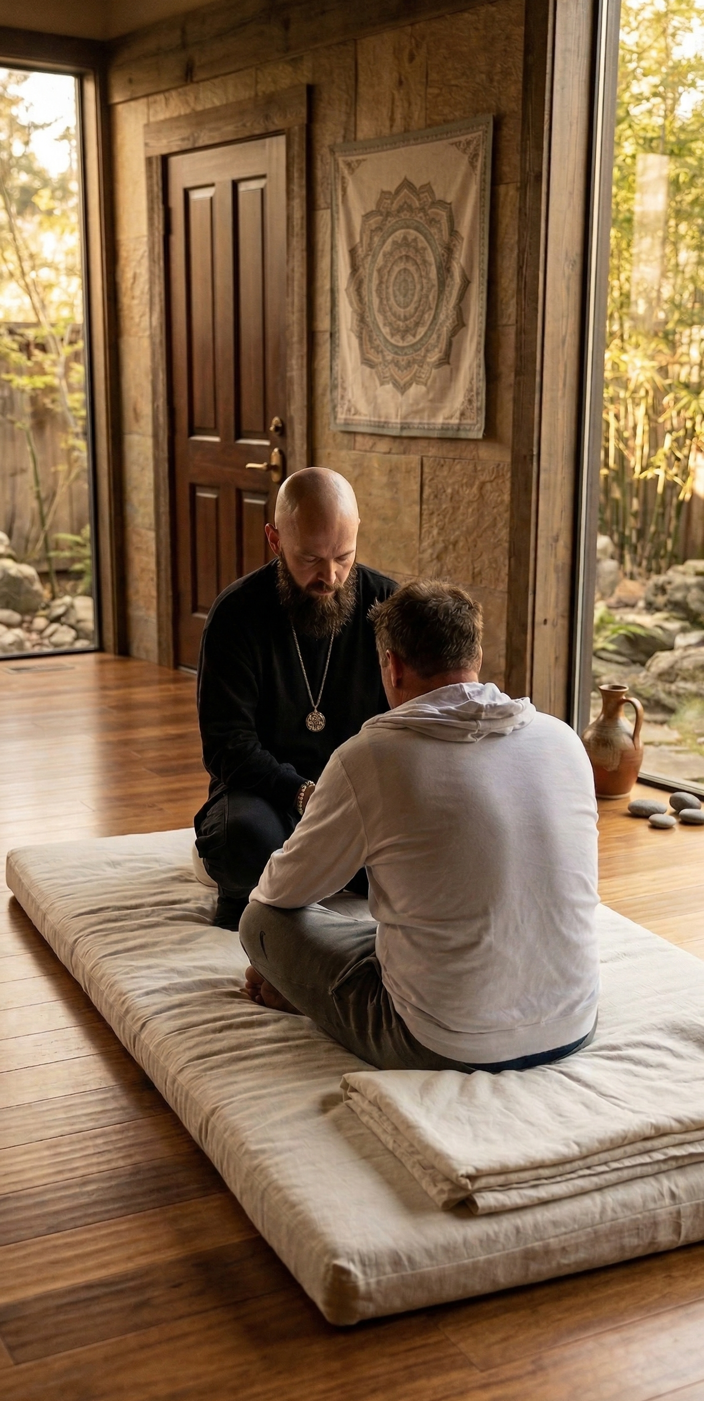 Two men with short hair, one with a beard, sitting on a padded mat inside a wooden room near a large window. One is wearing a black shirt with a pendant, and the other is wearing a white hoodie. They are facing each other, engaged in a conversation. Outside the window, there are trees and rocks.