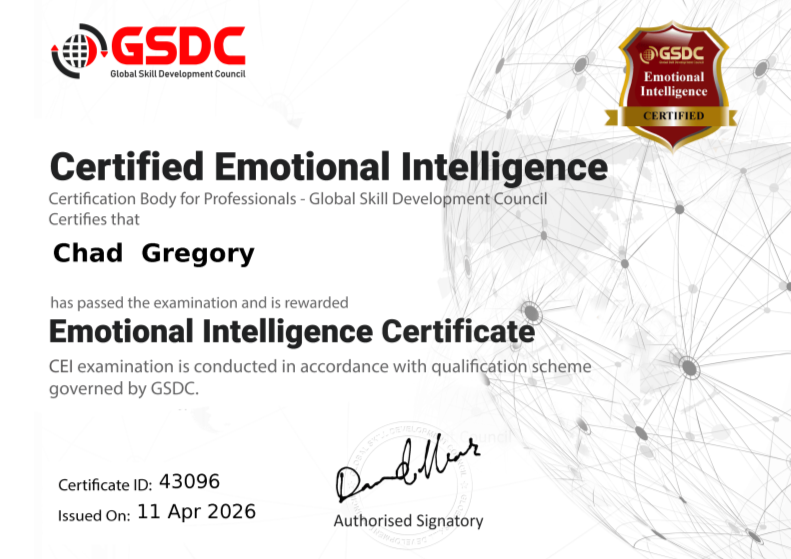 Certificate from the Global Skill Development Council for Chad Gregory, certifying that he has passed the Emotional Intelligence exam on April 11, 2026.