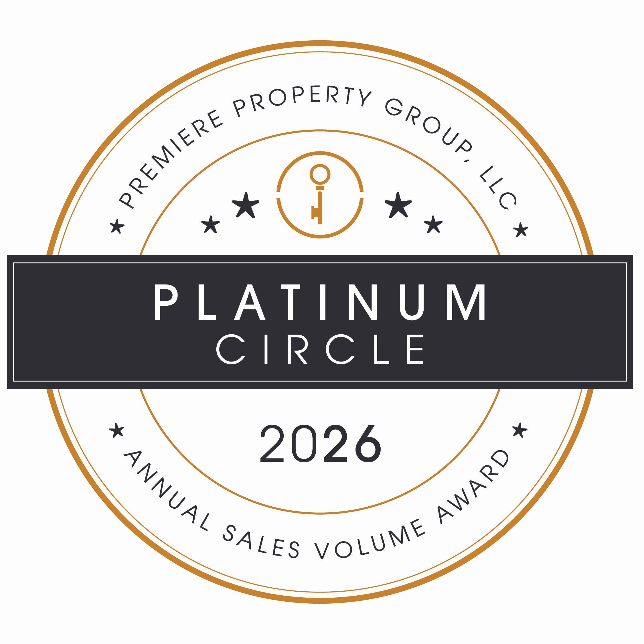 Badge with a gold circular border, black and white text, and a key icon at the top. Label reads 'Platinum Circle 2026' with additional text indicating it's an award for annual sales volume.