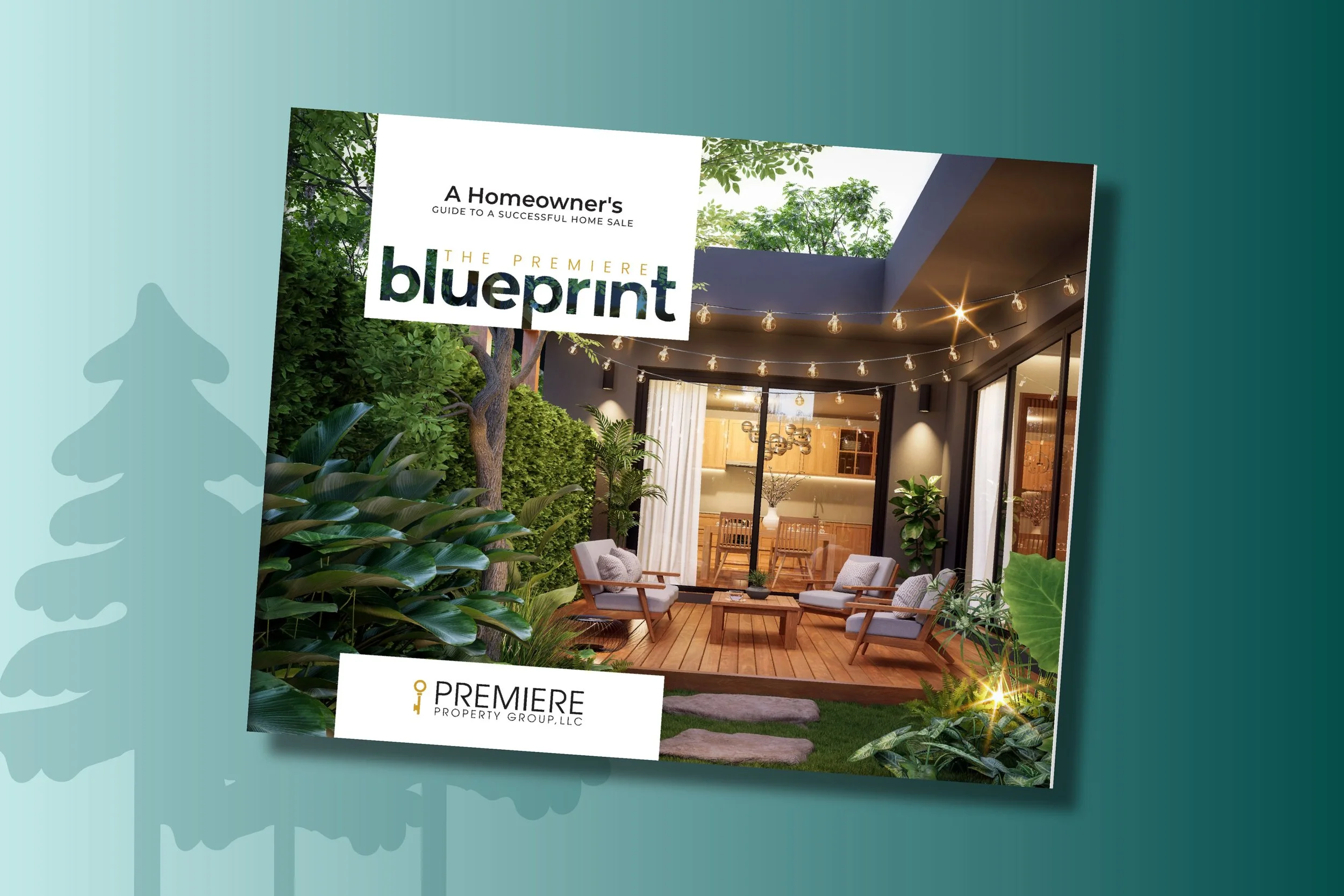 Promotional background image for a home improvement guide, showing an outdoor patio with seating, string lights, surrounded by greenery, with a view into the kitchen inside a modern house.