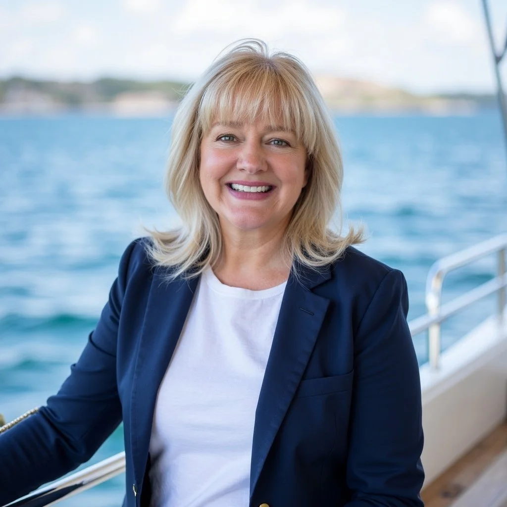 A smiling woman with blonde hair wearing a navy blue blazer and white shirt, standing on a boat with a view of water and a distant shoreline in the background.