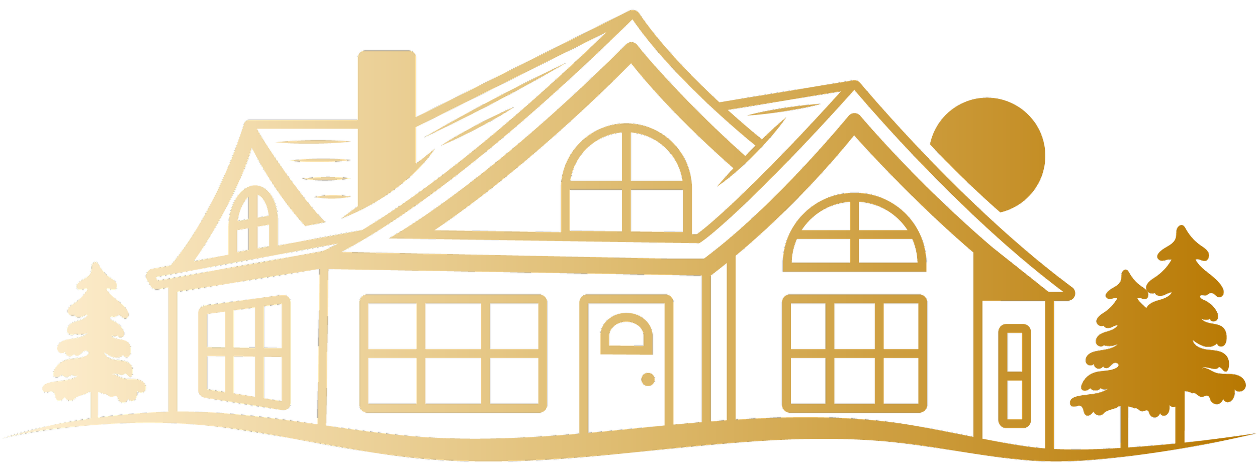 Stylized golden and blue illustration of a large house with multiple gabled roofs, windows, and trees surrounding it.
