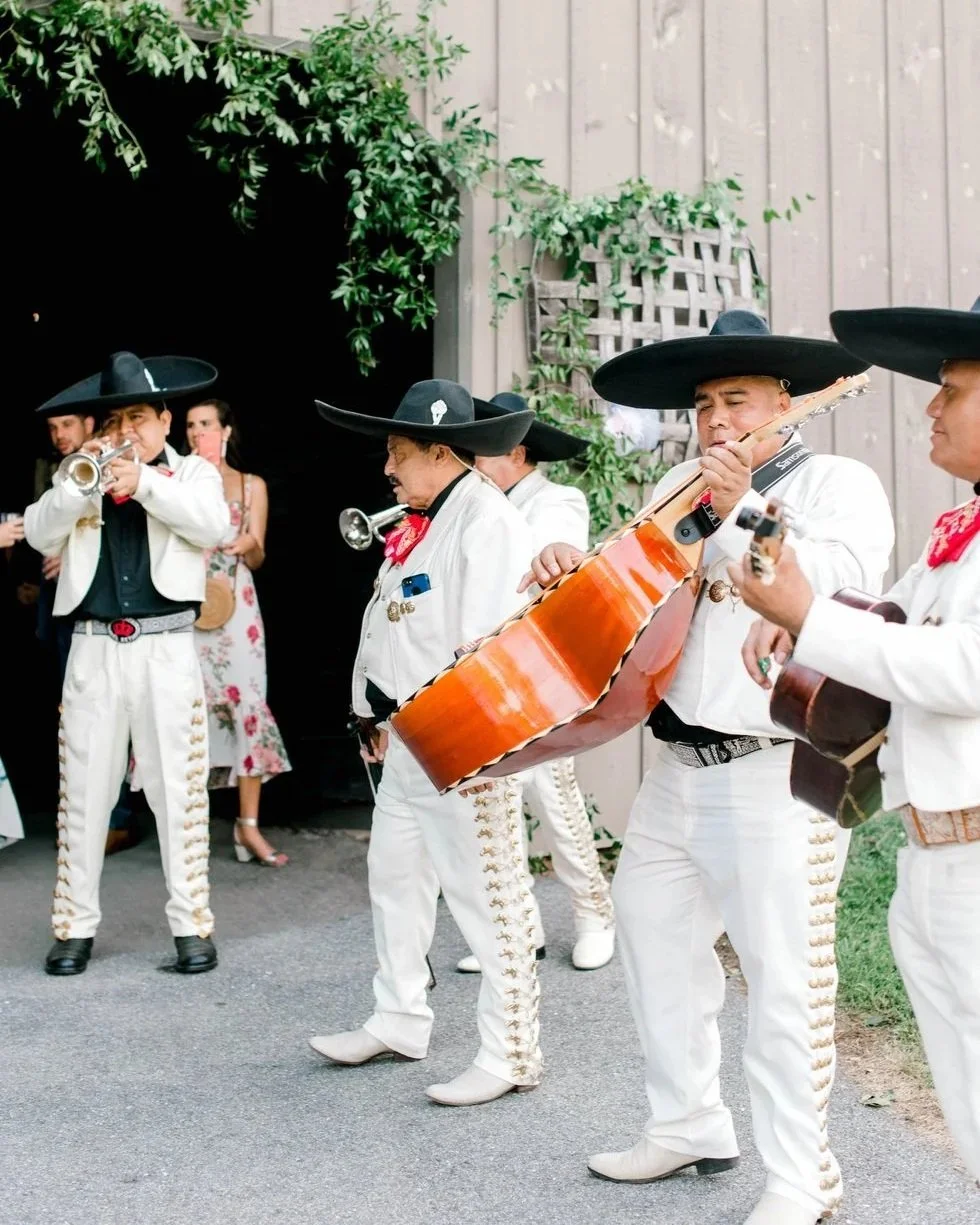 A group of Mexican musicians dressed in traditional Mariachi attire, playing instruments like trumpet, guitar, and cello outdoors near a wooden fence with greenery.
