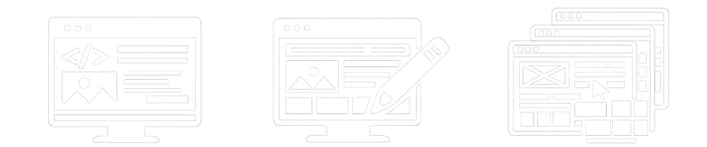 Series of computer screens displaying website layouts and development tools.