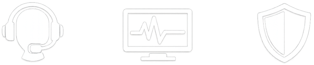 Icons of a headset, a monitor with a heartbeat line, and a shield representing customer support, health monitoring, and protection.