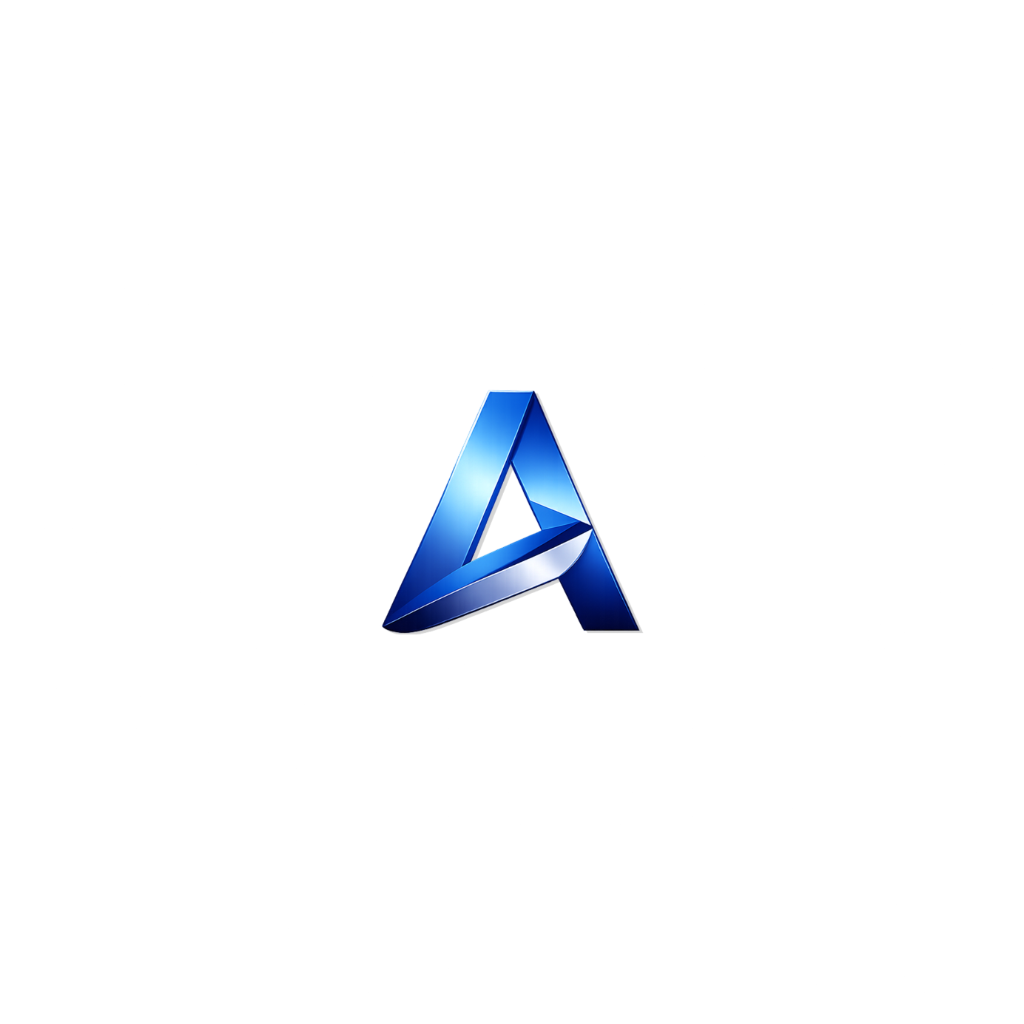 A blue, metallic, three-dimensional letter A logo on a white background.
