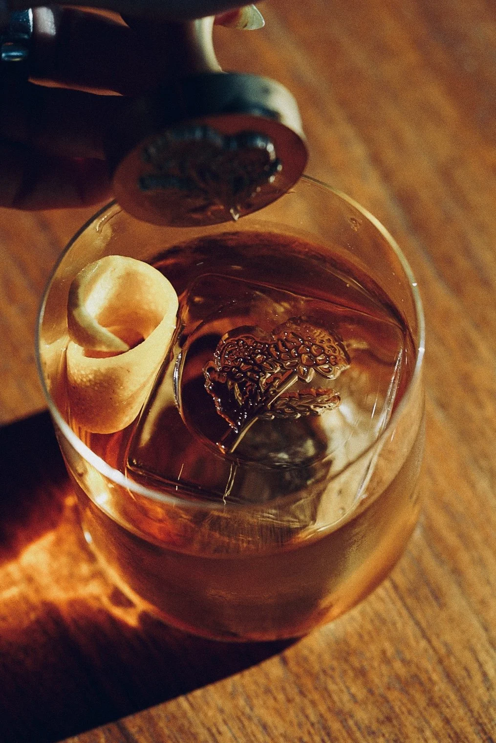 coffee-infused old fashioned with large ice cube