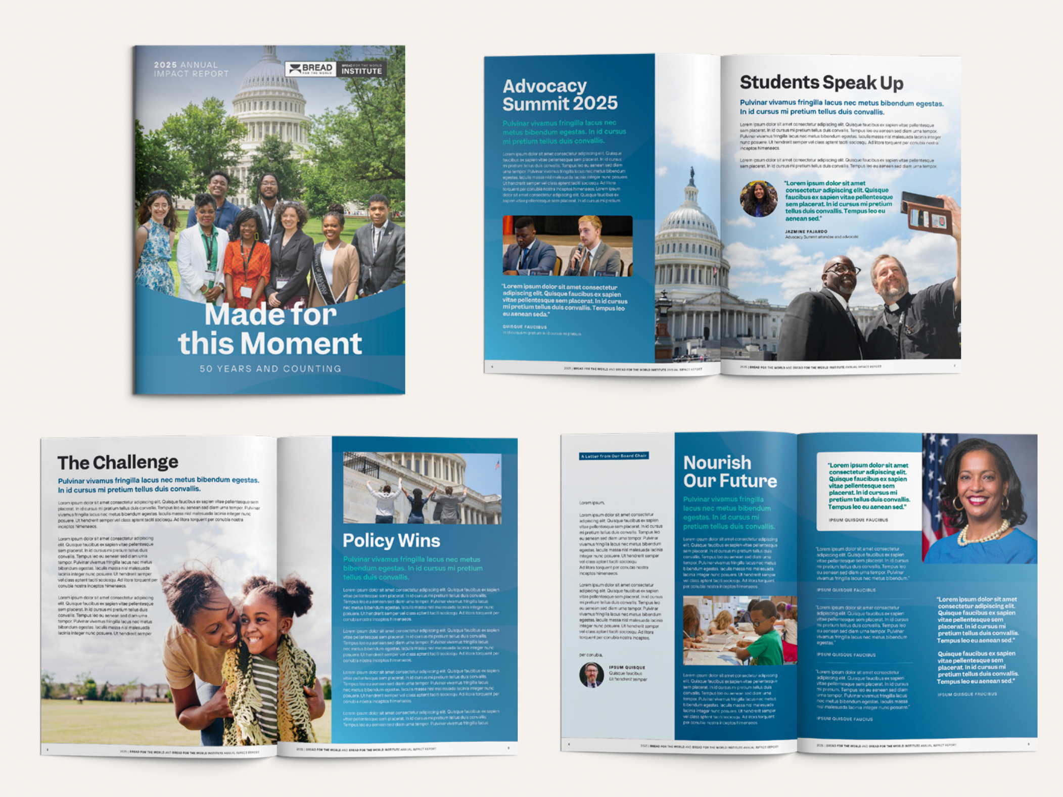 Bread for the World 2025 Annual Impact Report, "Made for this Moment: 50 Years and Counting," shown with cover and three interior spreads.