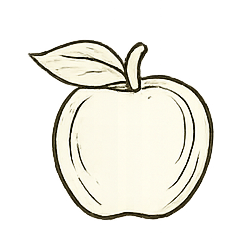 A simple illustration of a white apple with a single leaf and stem.