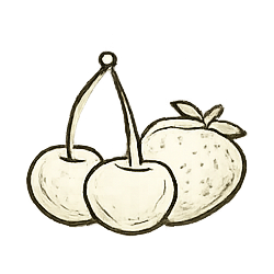 A vintage-style illustration of cherries with leaves, featuring three cherries attached to a stem and a few separated cherries.