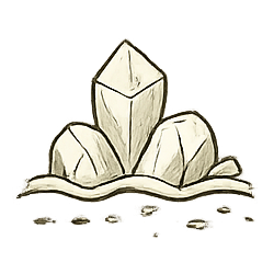 Sketch of a large crystal surrounded by smaller crystals and rocks on a flat surface.