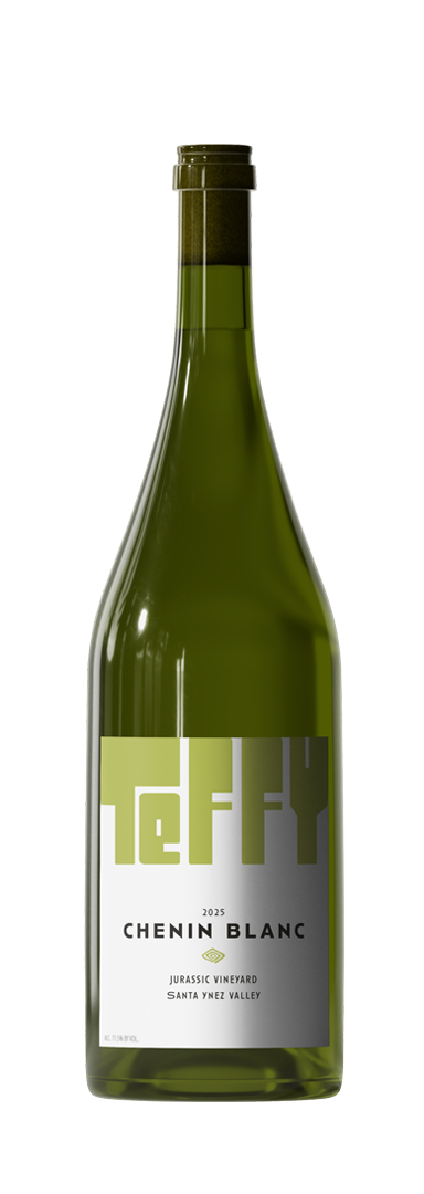 A green wine bottle with a white label reading 'Chenin Blanc 2025 Jurassic Vineyard Santa Ynez Valley'.