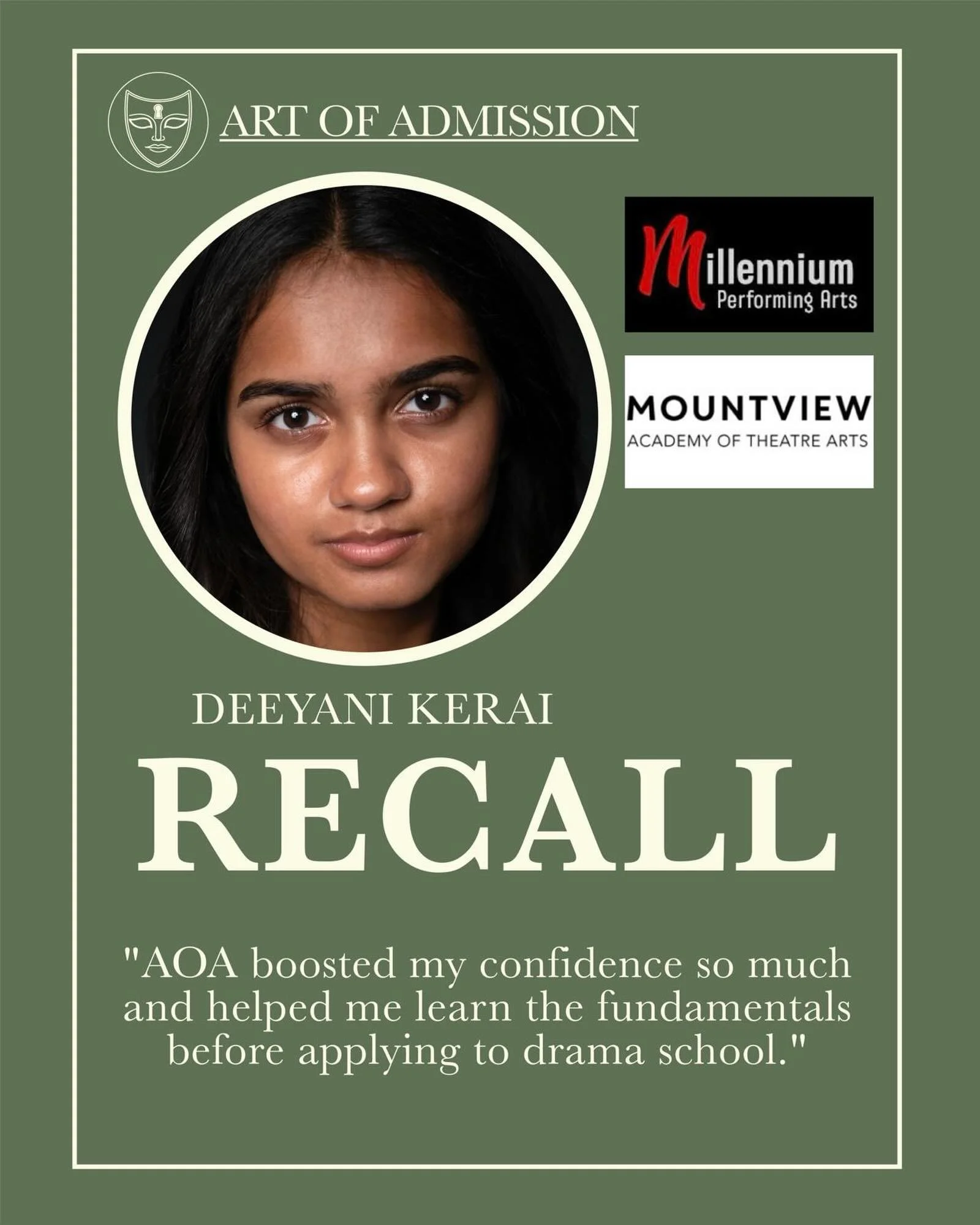 ‼️RECALL‼️ Well done to Deeyani! Smashing it!

@mpacollege 
@mountviewldn 

#artofadmission #howtogetintodramaschool #acting #audition #musicaltheatre