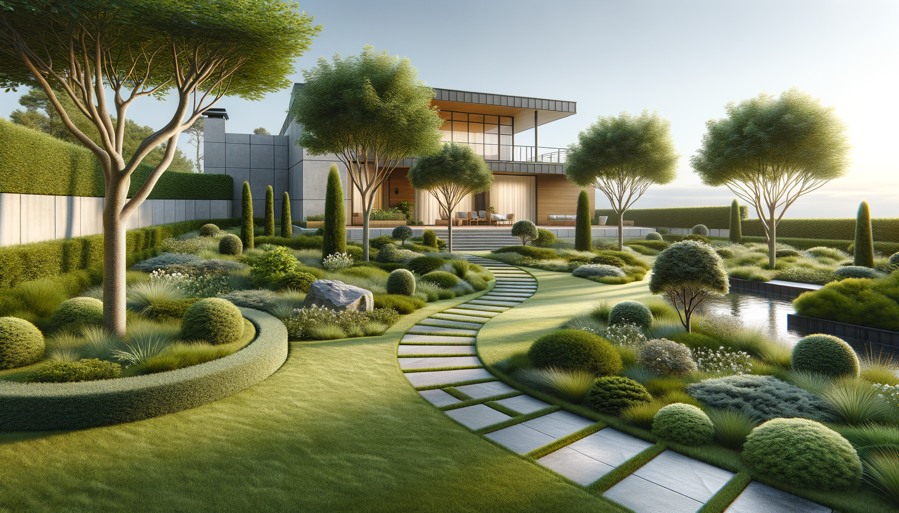 Modern backyard garden with manicured lawns, winding stone path, various shaped shrubs, trees, a pond, and a contemporary house with large glass windows and outdoor seating area.
