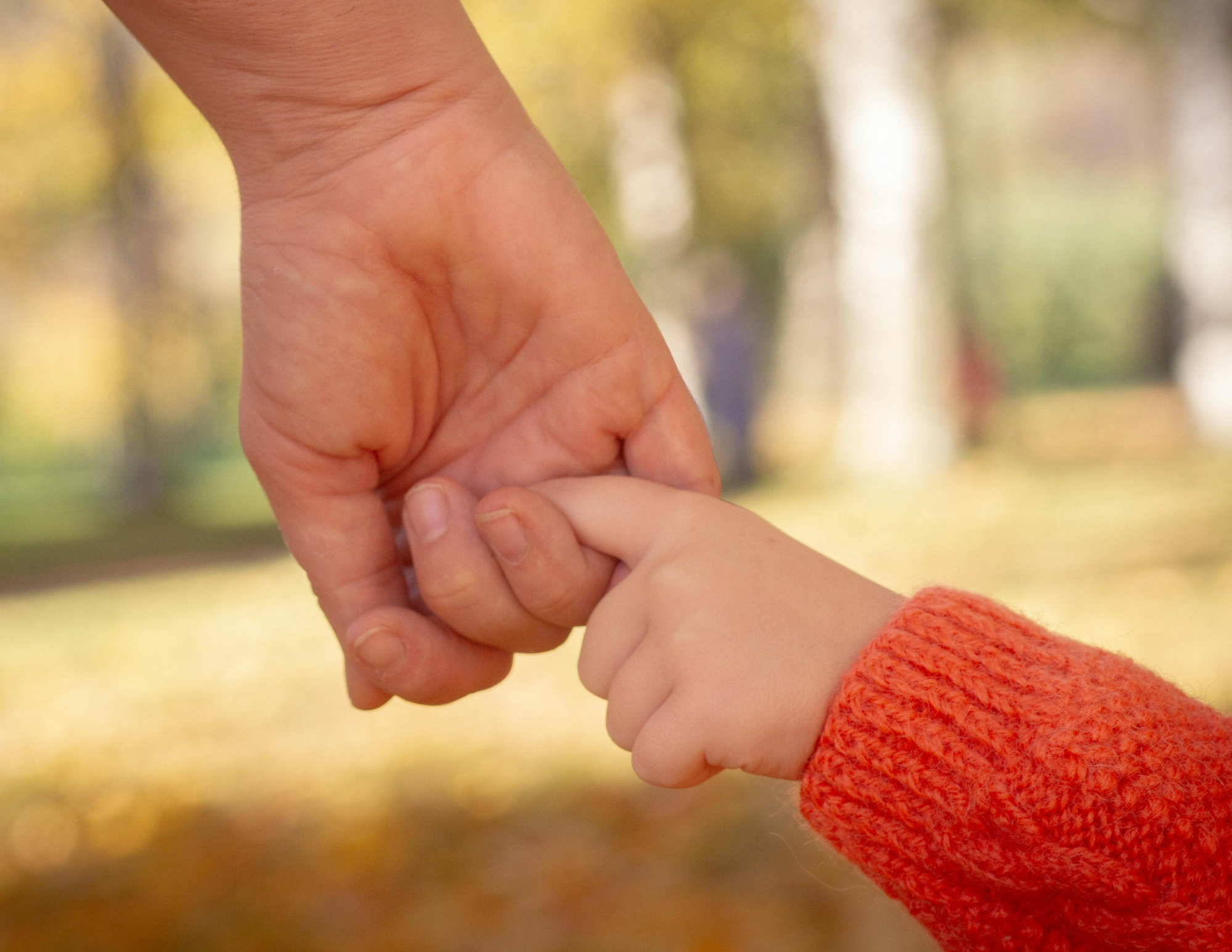 A close-up view of an adult hand holding a child's finger, both of them touching gently. The background features a blurred outdoor scene with trees and sunlight, and the child's sleeve is orange and knitted.