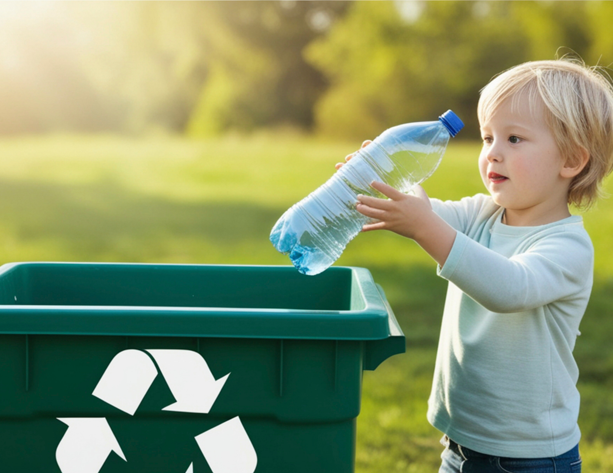 A young child with blonde hair wearing a long-sleeved shirt over a t-shirt, throwing an empty plastic water bottle into a green recycling bin with a white recycling symbol, outdoors in a park or yard with green grass and trees in the background.