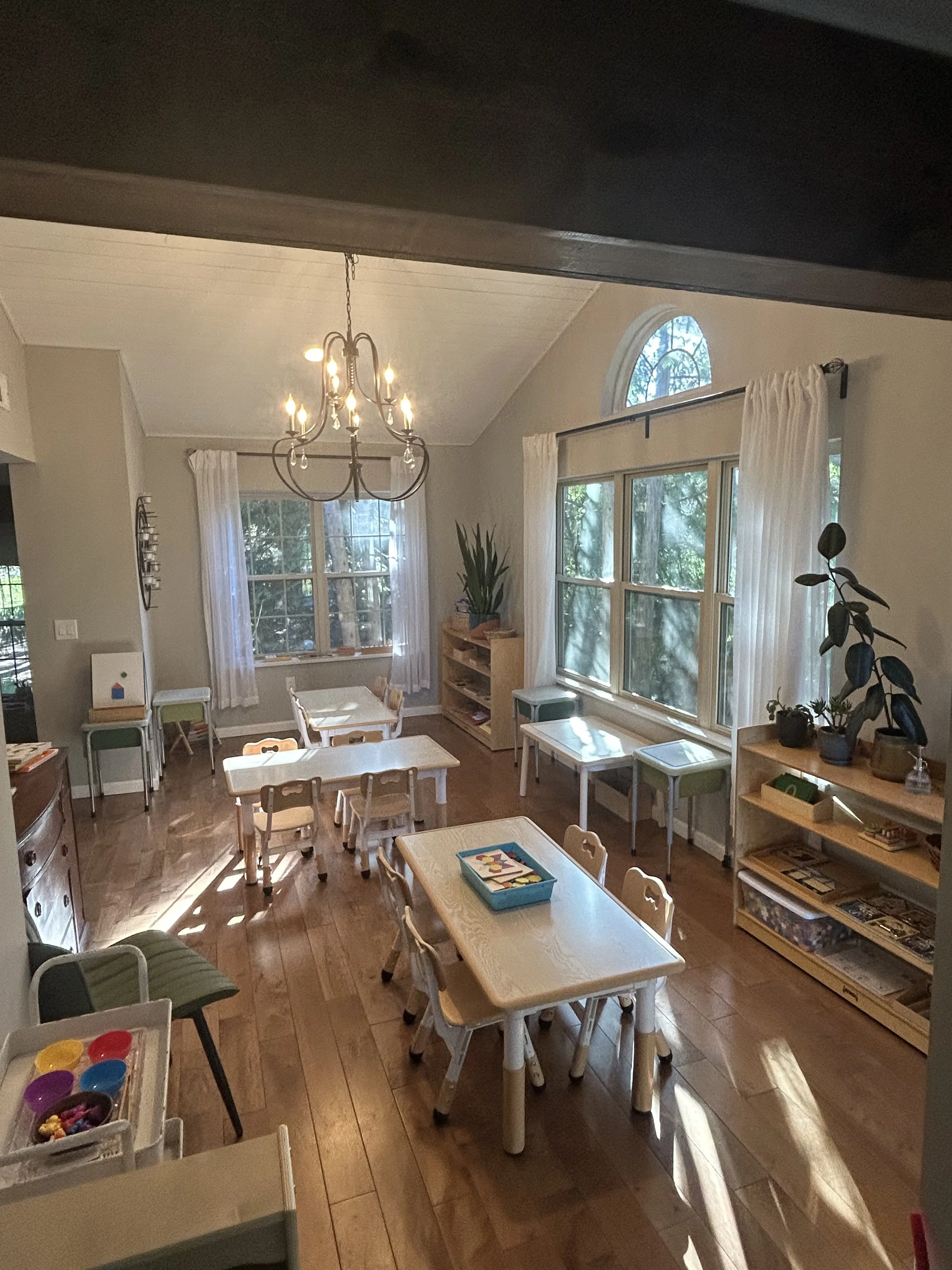 A cozy classroom with natural light from large windows, a decorative chandelier, wooden floors, small chairs and tables, with books and art supplies, and potted plants for a warm learning environment.