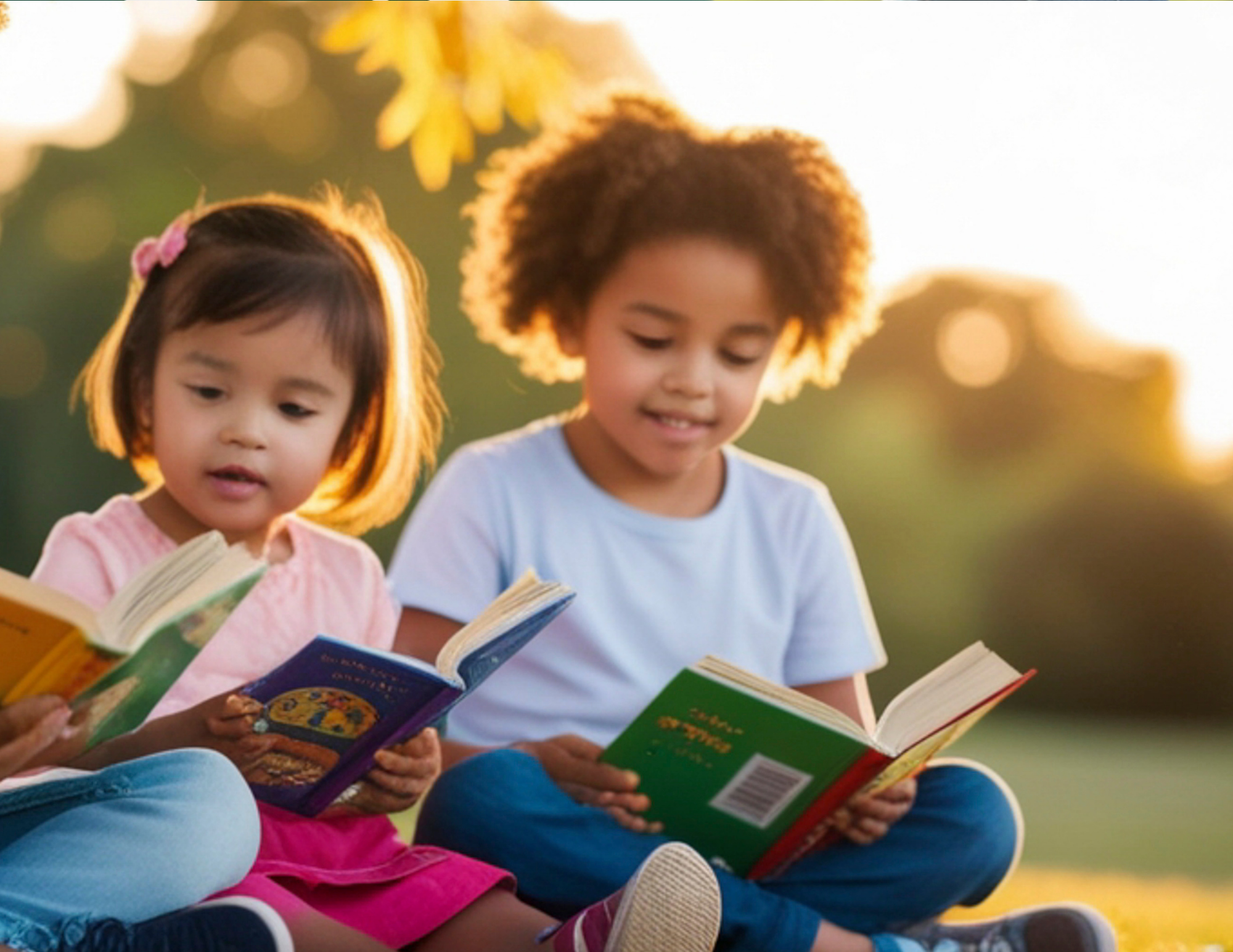 Two young girls sitting outdoors at sunset, reading books together.