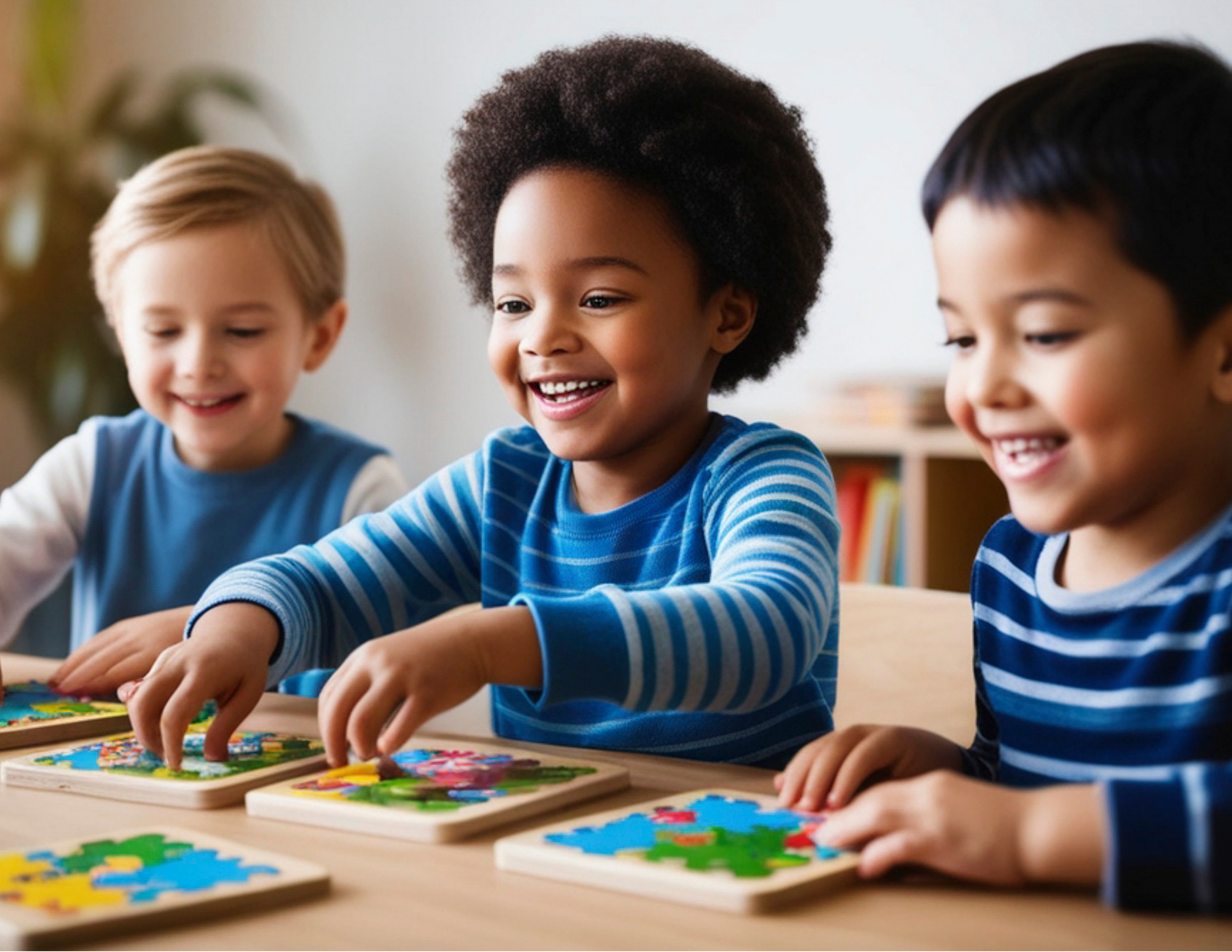 Three children playing a puzzle game at a table in a classroom or playroom setting.