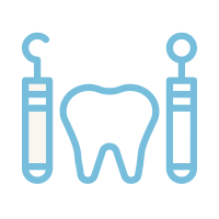 Illustration of dental tools and a tooth between them.