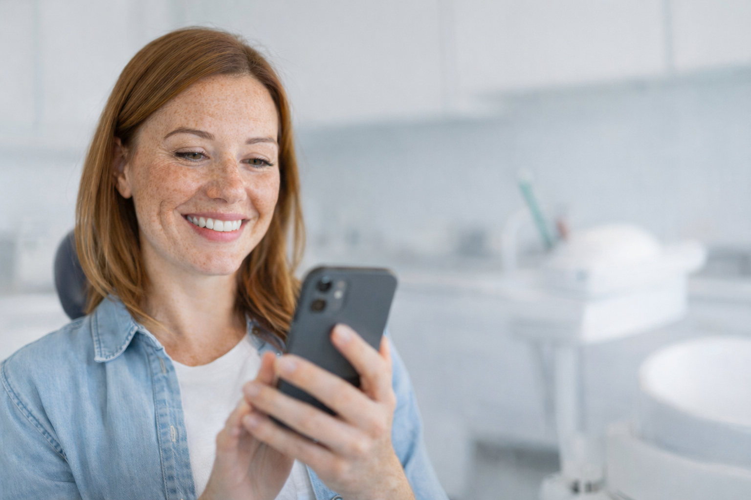 Smiling woman with red hair, freckles, wearing a denim shirt, looking at her smartphone in a white medical or dental office.