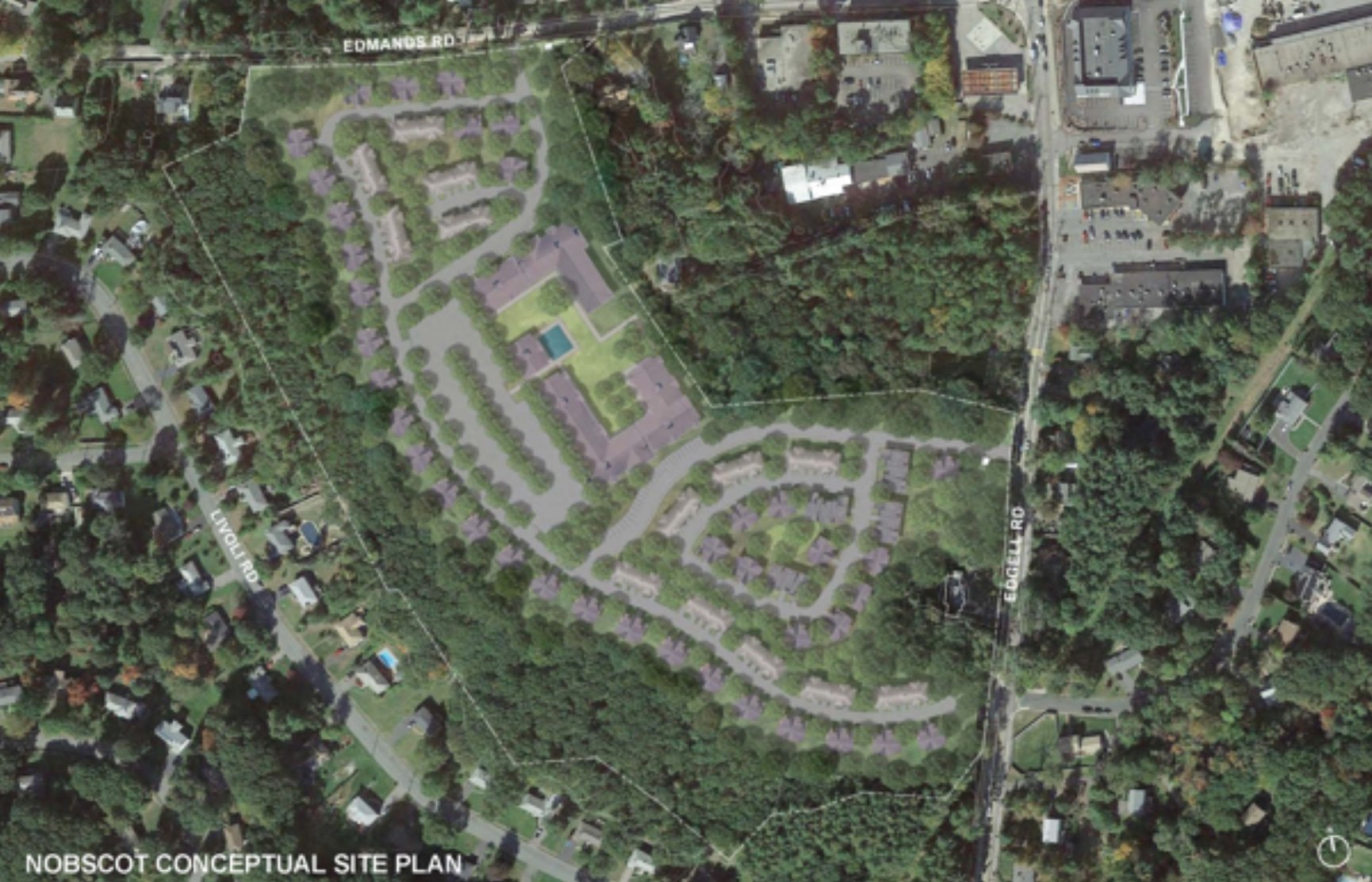 J&Co conceptual drawing for development on approximately 28 acres along Edmands and Edgell Road in the Nobscot neighborhood of Framingham