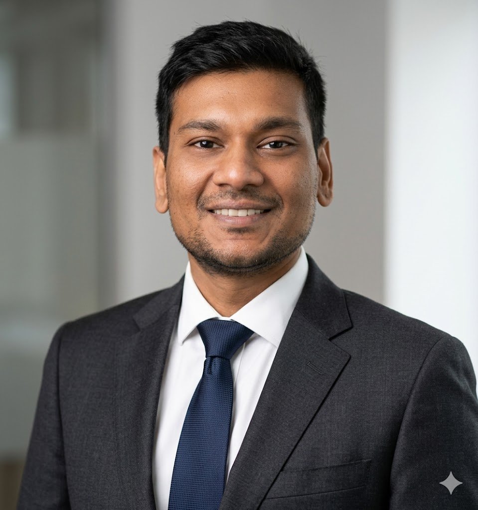 Professional headshot of a smiling man in a dark suit, white shirt, and navy tie, in an office setting.