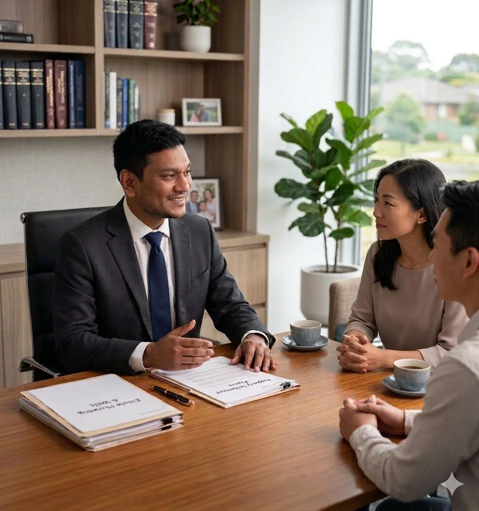 Business meeting with three professionals in office, man in suit talking and two others listening, documents and coffee cups on table.