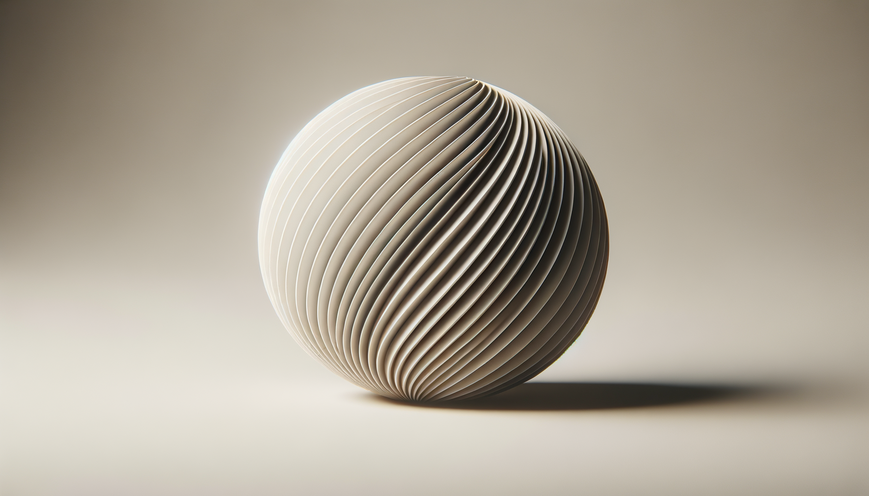 A spherical object with layered, curved, beige-colored sheets arranged to form a pattern, casting a shadow on a plain surface.