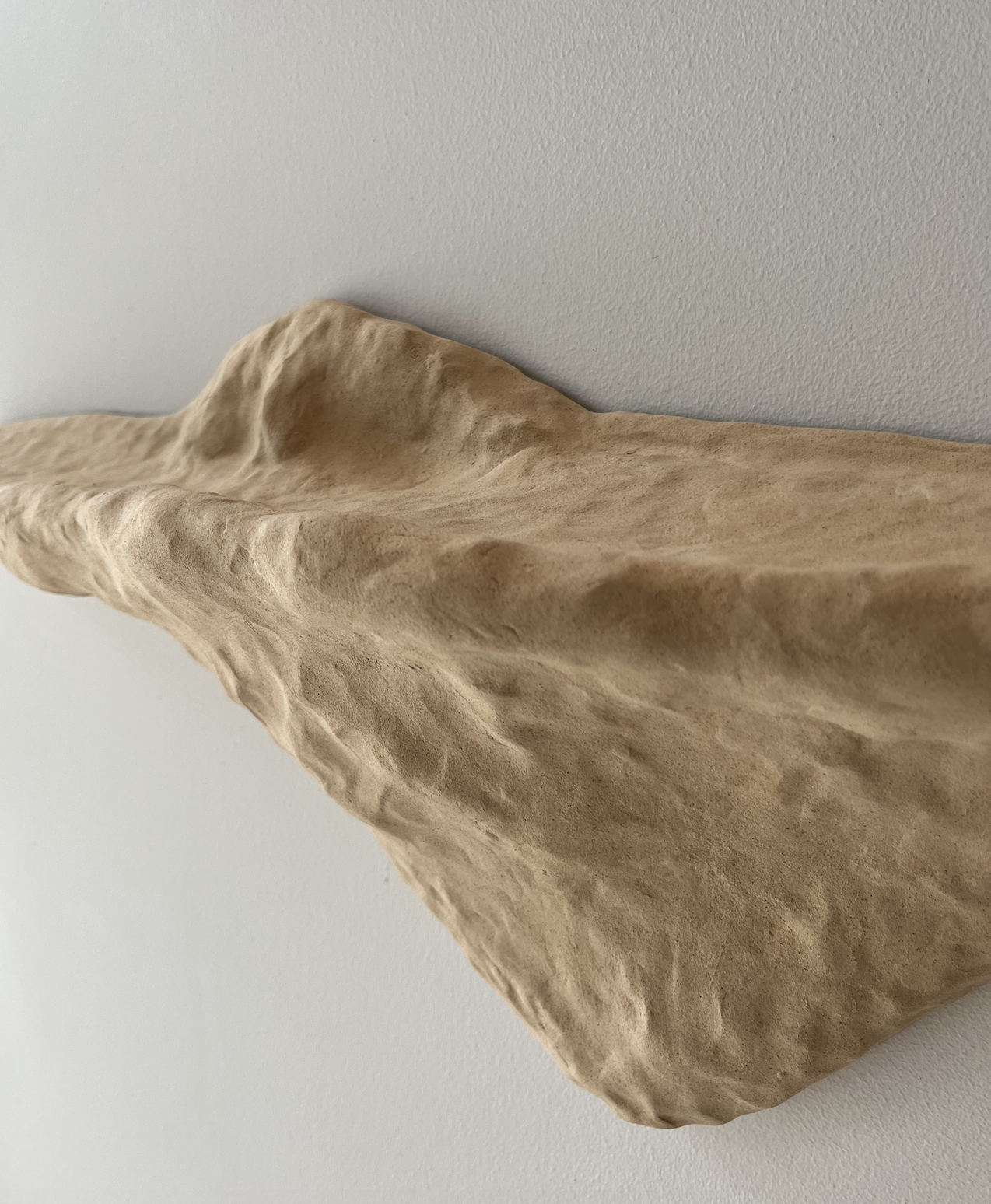 Close-up of a textured beige sculpture or piece of art on a light-colored wall.