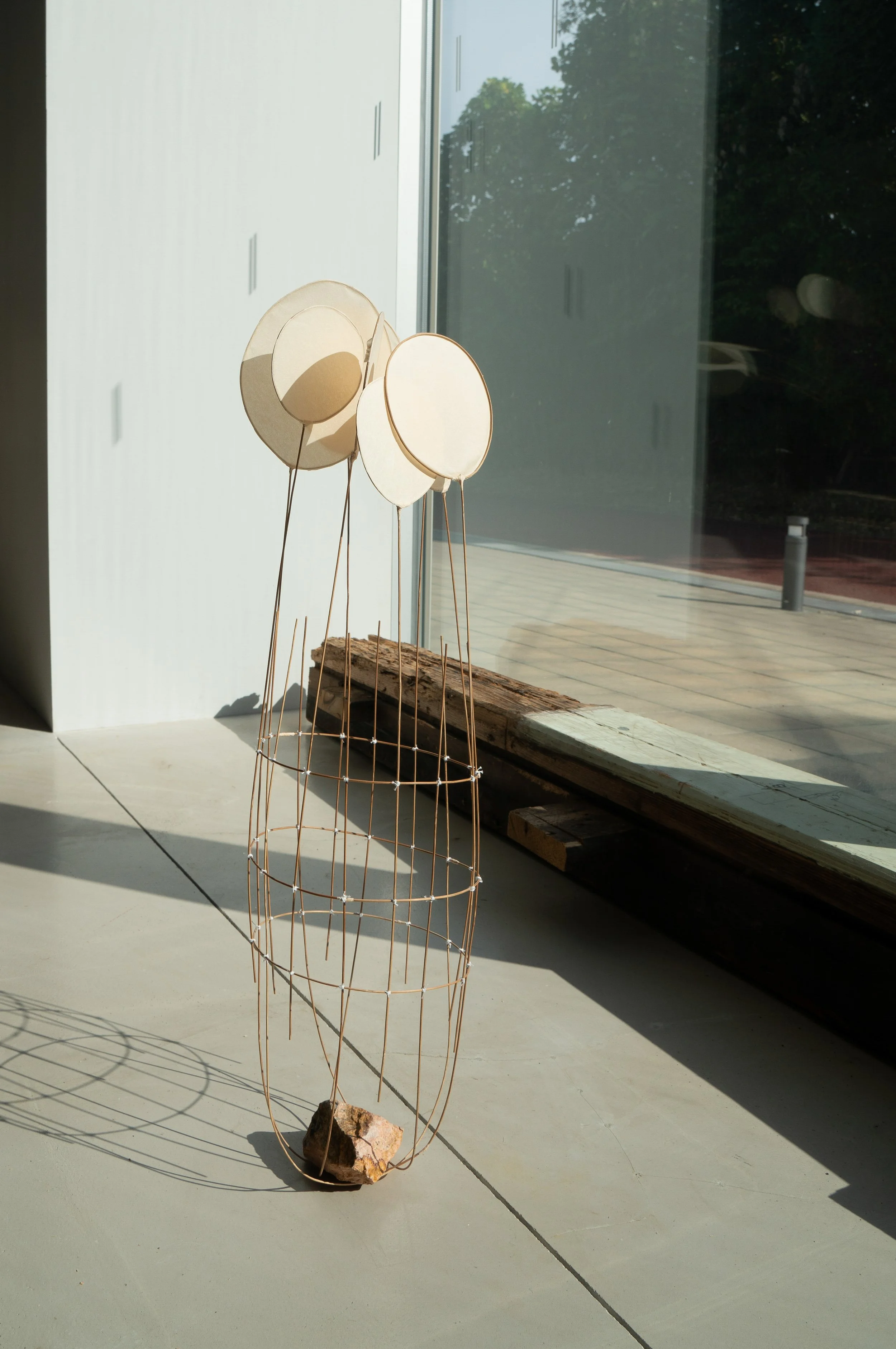 A modern sculptural art piece with circular elements and a wire basket, placed near a window with sunlight casting shadows on the floor.