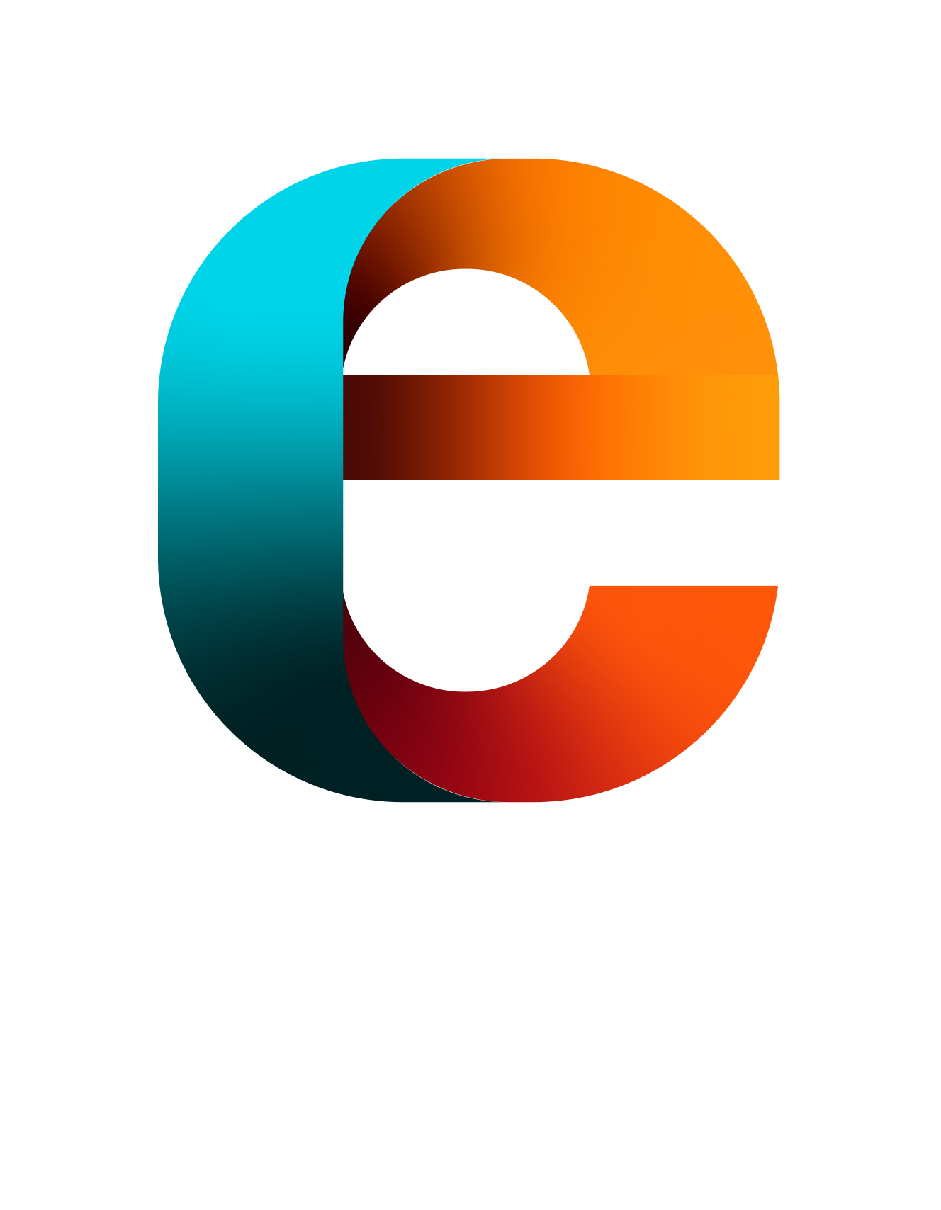 Colorful abstract logo with blue, orange, red, and pink shapes forming a stylized letter 'e' on a black background.