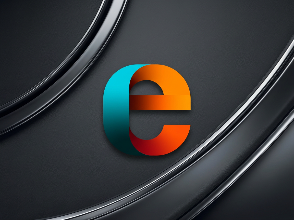 Colorful stylized lowercase letter 'e' in orange, teal, and red on a dark, reflective background with curved metallic accents.