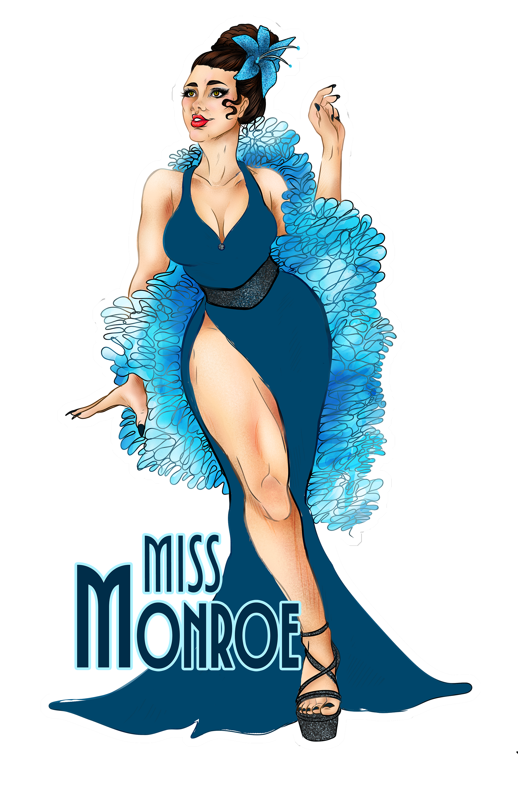 Illustration of a woman in a blue gown with a slit, wearing high heels, with a blue feathered cape and a large blue feathered hair accessory, standing next to the text 'Miss Monro'.