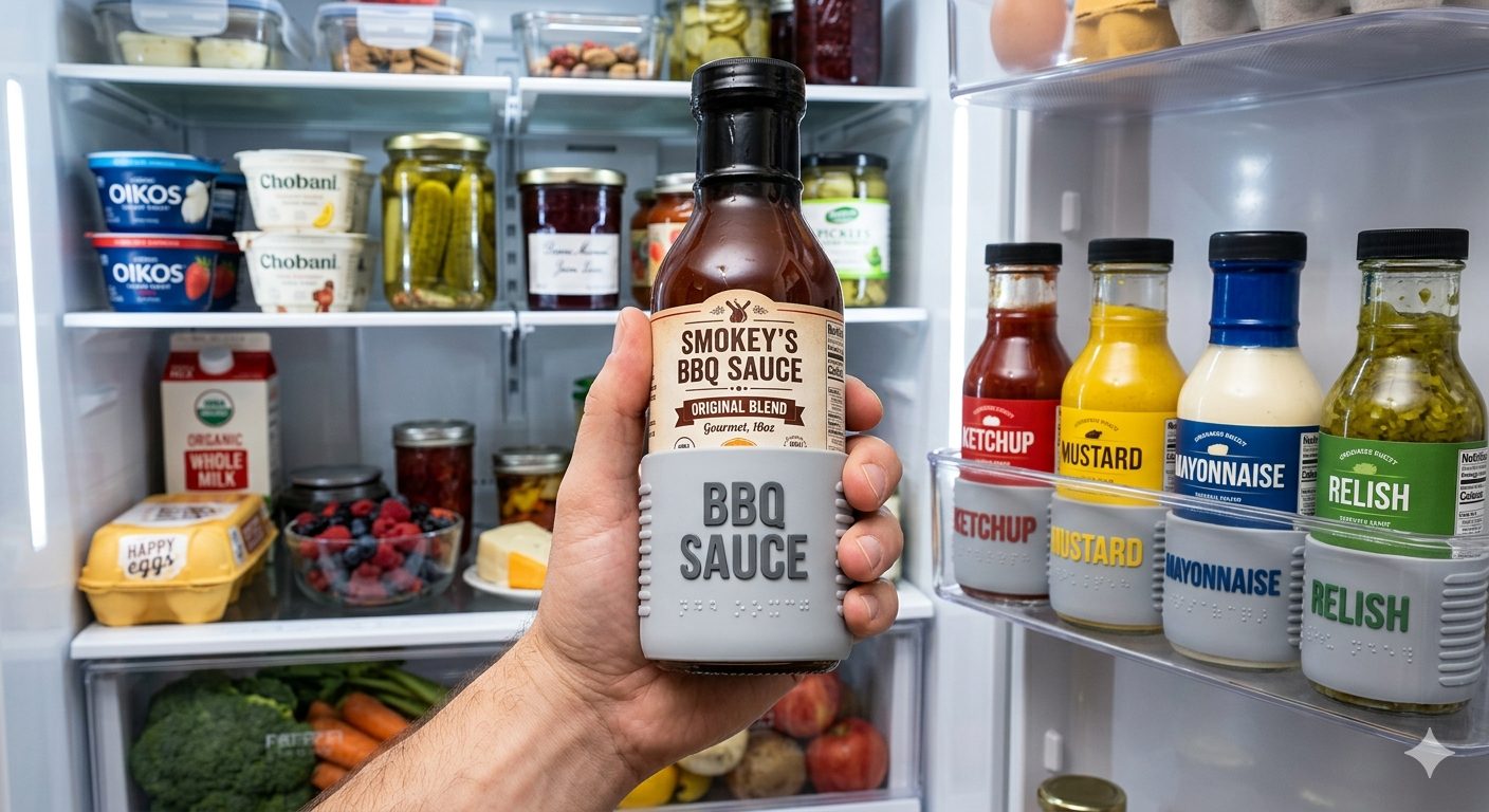 Condiments sleeve to help identify your sauces, salad dressing, or other items in your fridge.