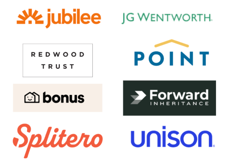 A collection of eight company logos including Jubilee, JG Wentworth, Redwood Trust, Point, Bonus, Forward Inheritance, Splitro, and Unison.