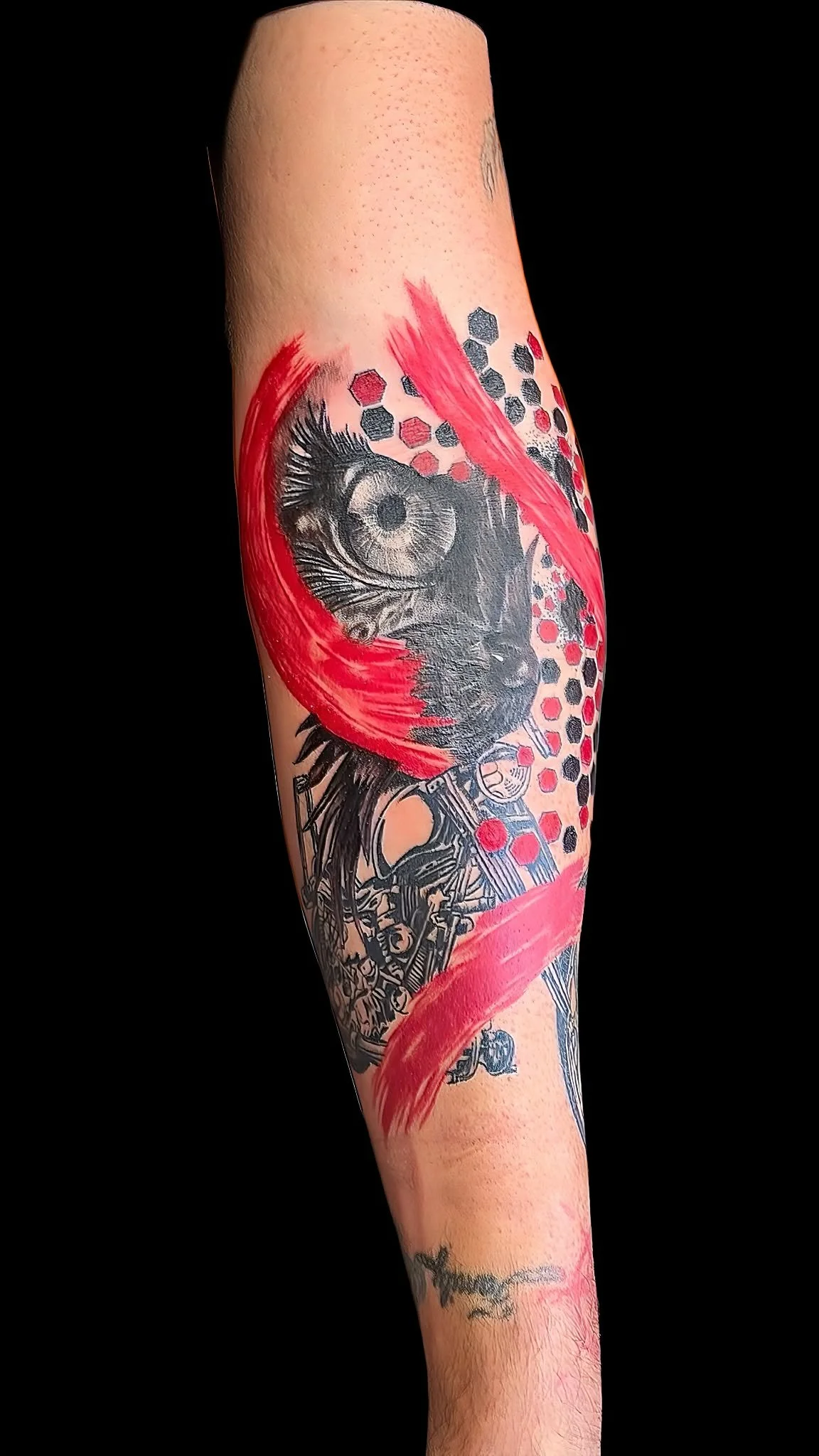Tattoo of a detailed black and gray owl with red accents on the wing, surrounded by red and black dots and abstract lines, on a person's arm.