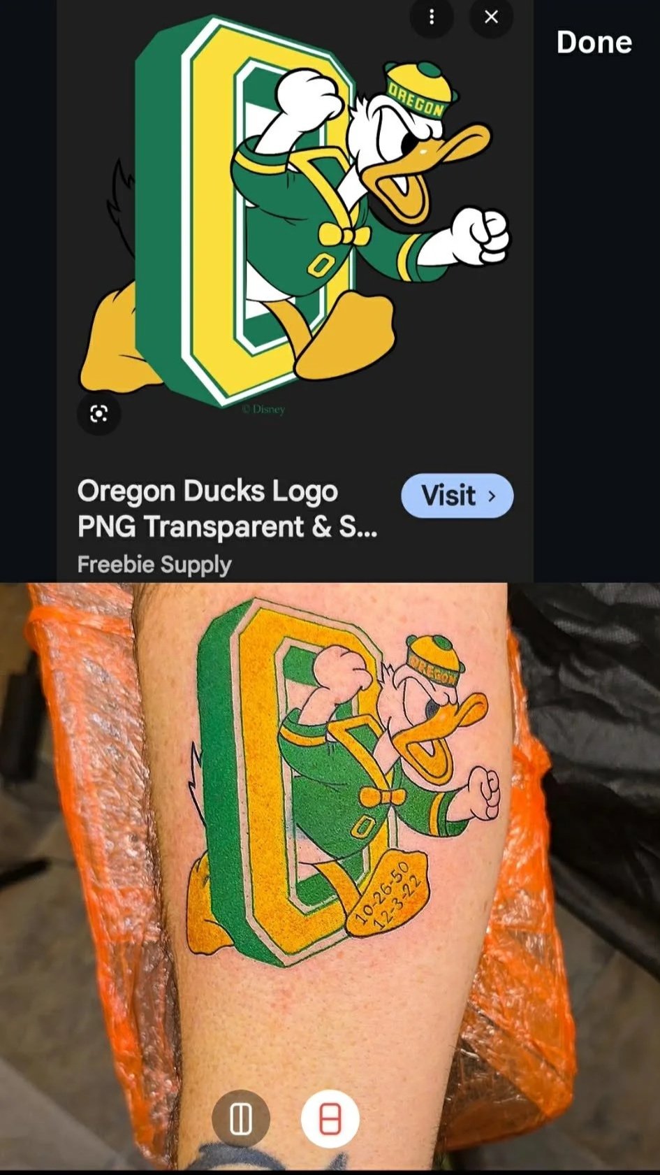 A tattoo of the Oregon Ducks logo, featuring Donald Duck in sports gear with a New Year date. The tattoo copy is based on a digital image of the logo.