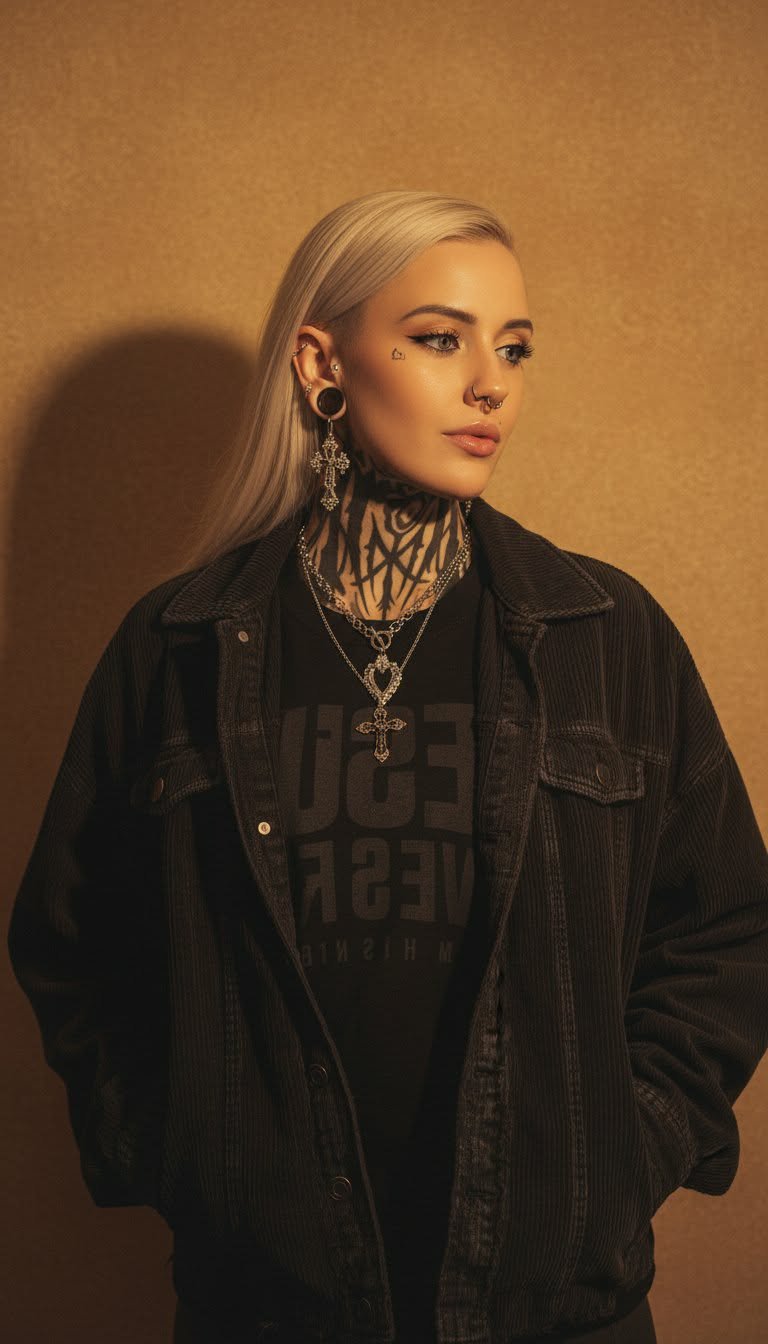 A woman with platinum blonde hair, tattoos on her neck, piercings, and large earrings, wearing a black denim jacket over a black T-shirt with text, standing against a plain beige wall.