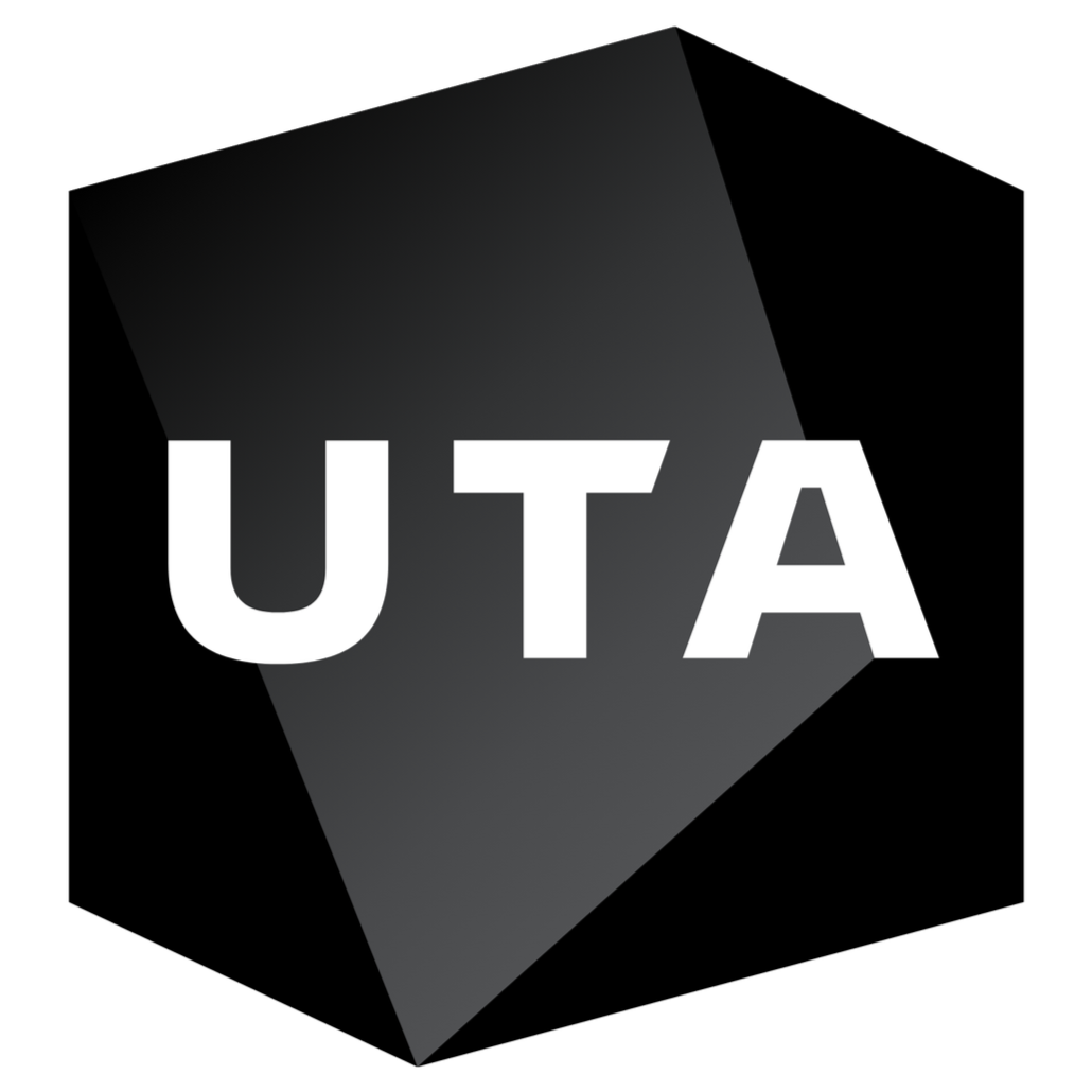 Black background with large, bold, white letters spelling 'UTA' overlapping a gray geometric shape.