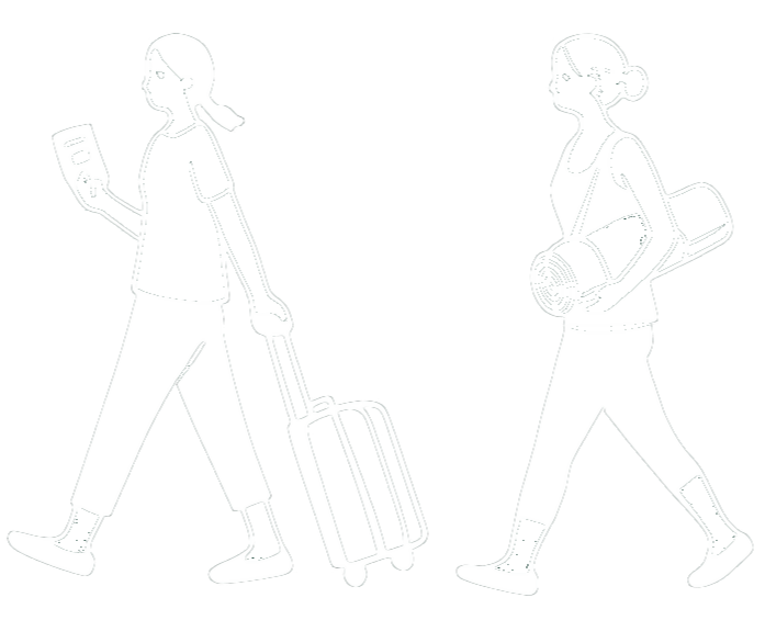 Line drawing of two women walking, one pulling a suitcase and holding a phone, the other carrying a rolled sleeping mat.