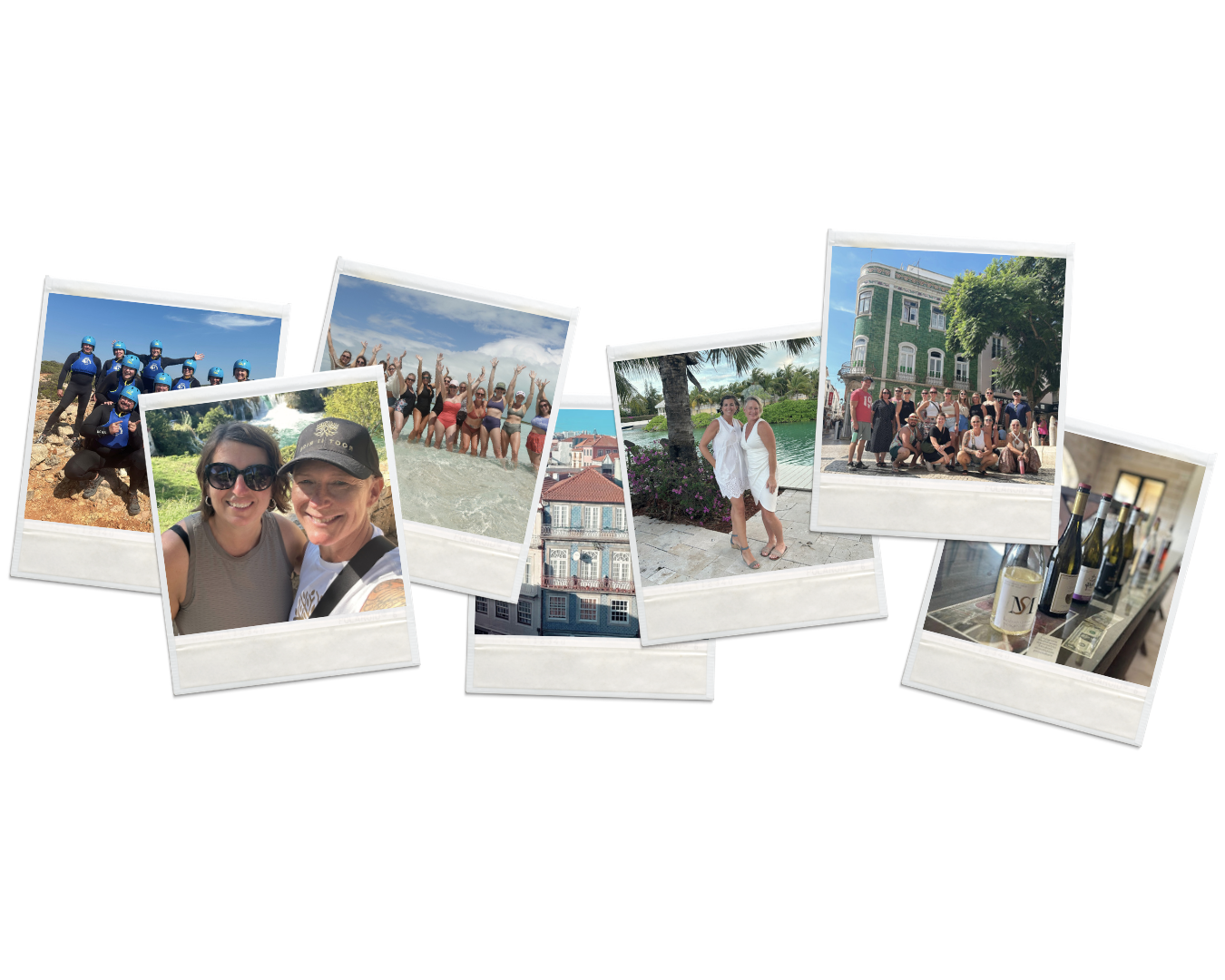 Collection of travel and group photos including people at a beach, a winery, and touring a city with historic buildings.