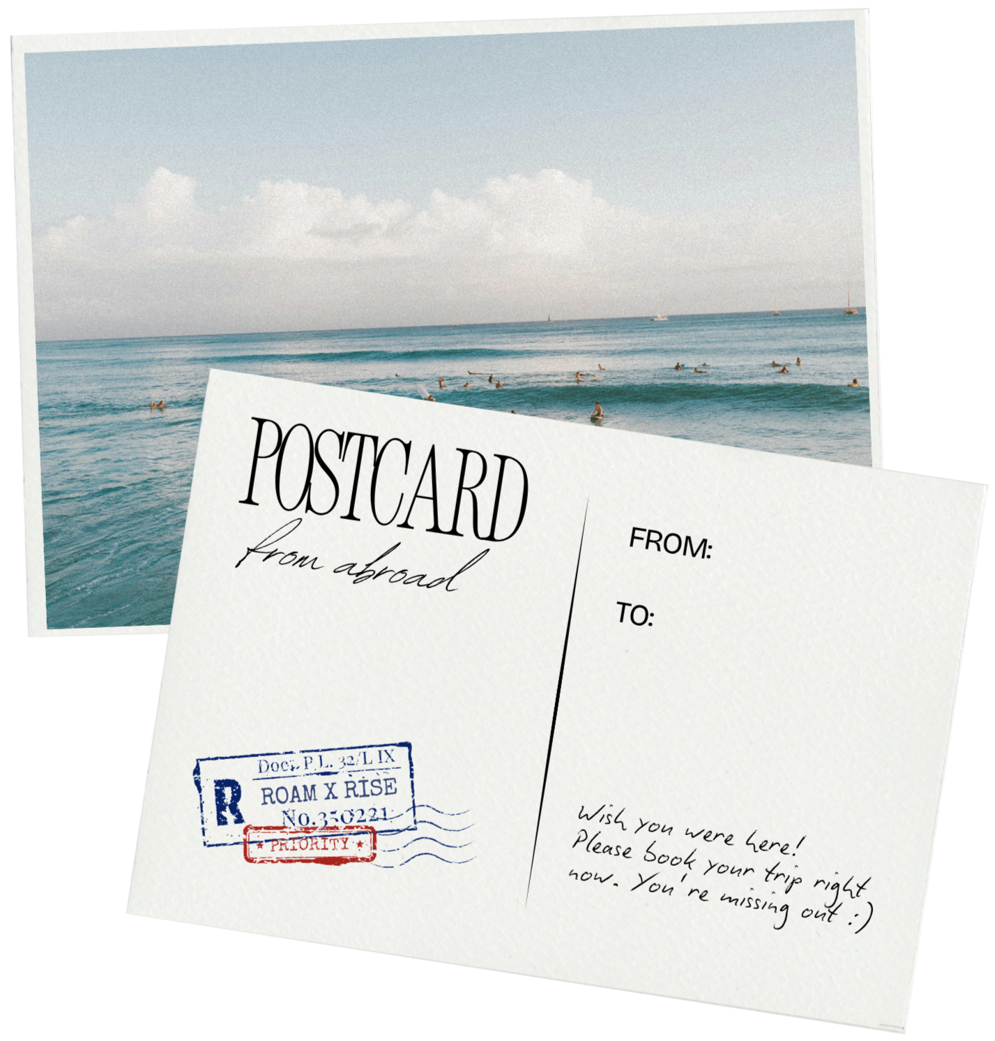 Postcard from abroad with a background of the ocean and people surfing, featuring a stamp and handwritten message.