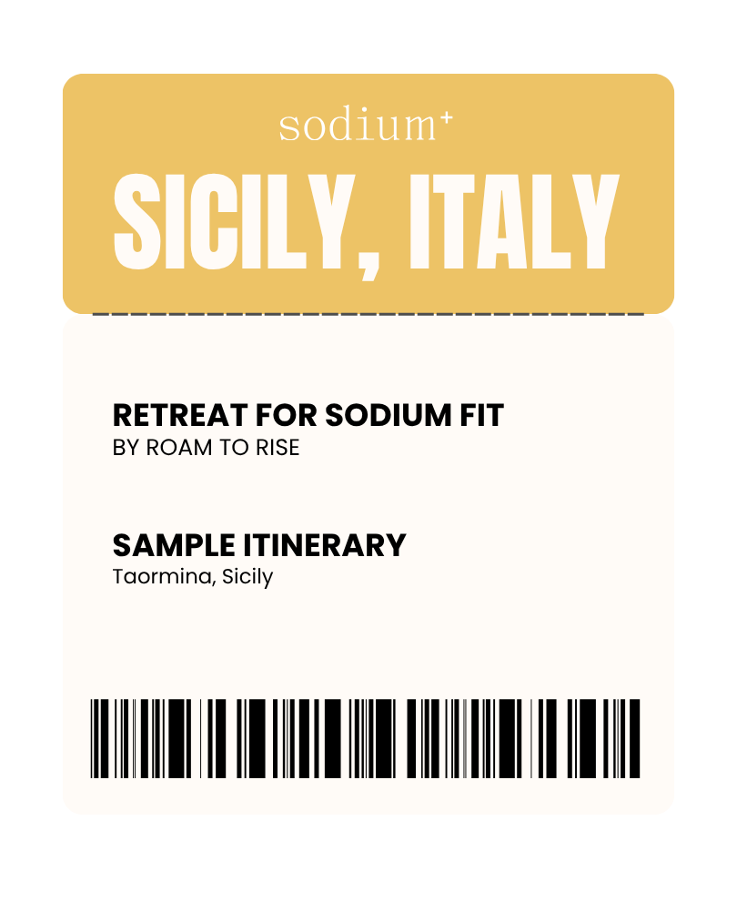 A travel label for a retreat in Sicily, Italy, titled 'Sodium+ Sicily, Italy,' with details about the retreat's focus on sodium fit, sample itinerary in Taormina, Sicily, and a barcode at the bottom.