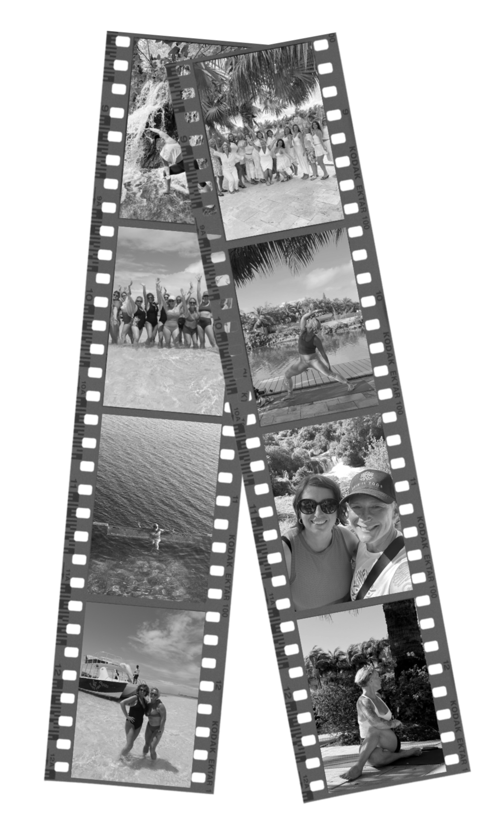 A strip of black-and-white photographs capturing various outdoor activities and group moments, including women at the beach, people in front of a waterfall, a woman practicing yoga by the water, and two women smiling in front of tropical scenery.