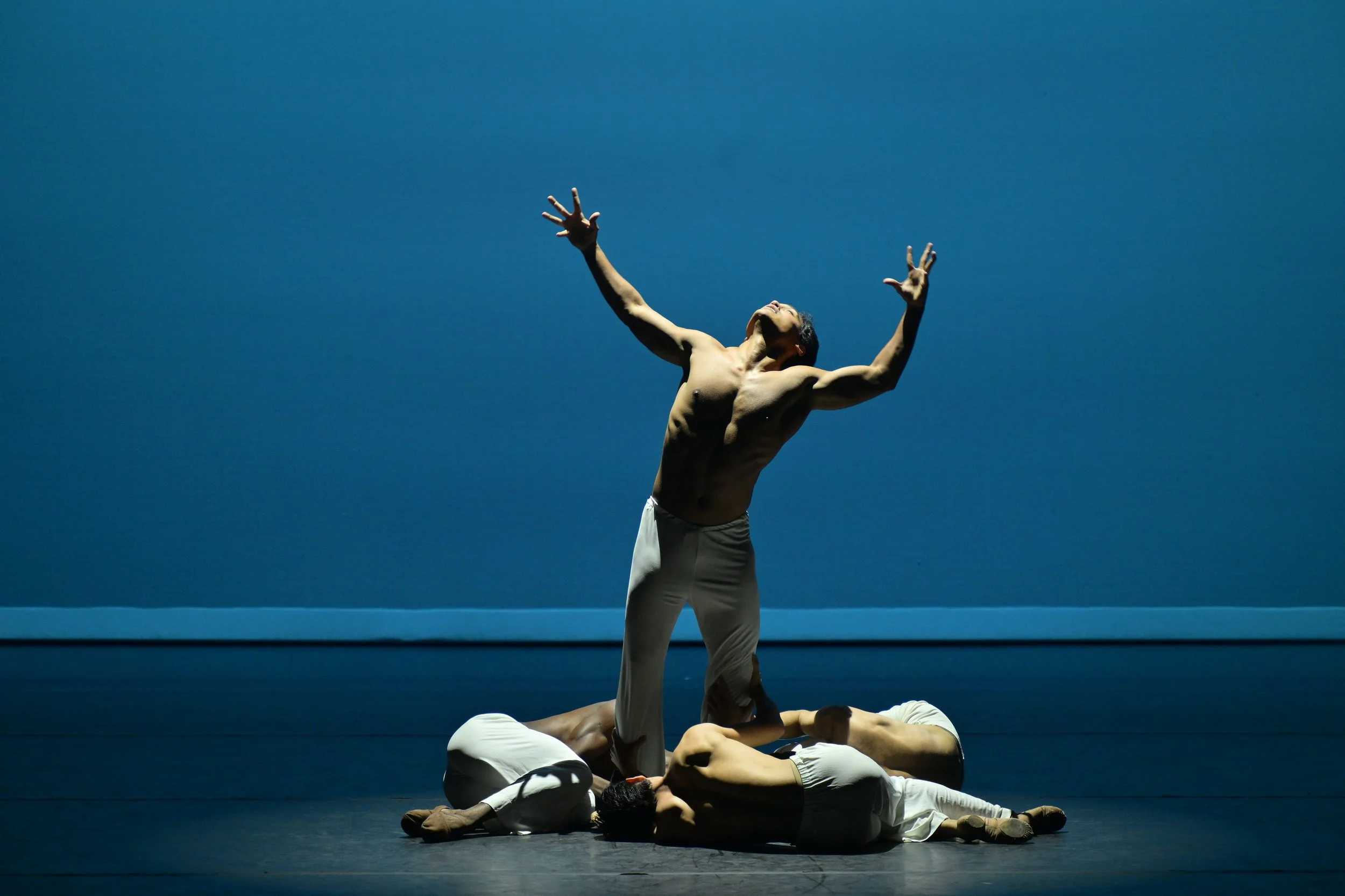A group of five male ballet dancers performing on stage with blue background. One dancer stands with arms raised, while the other four are lying on the floor in support.
