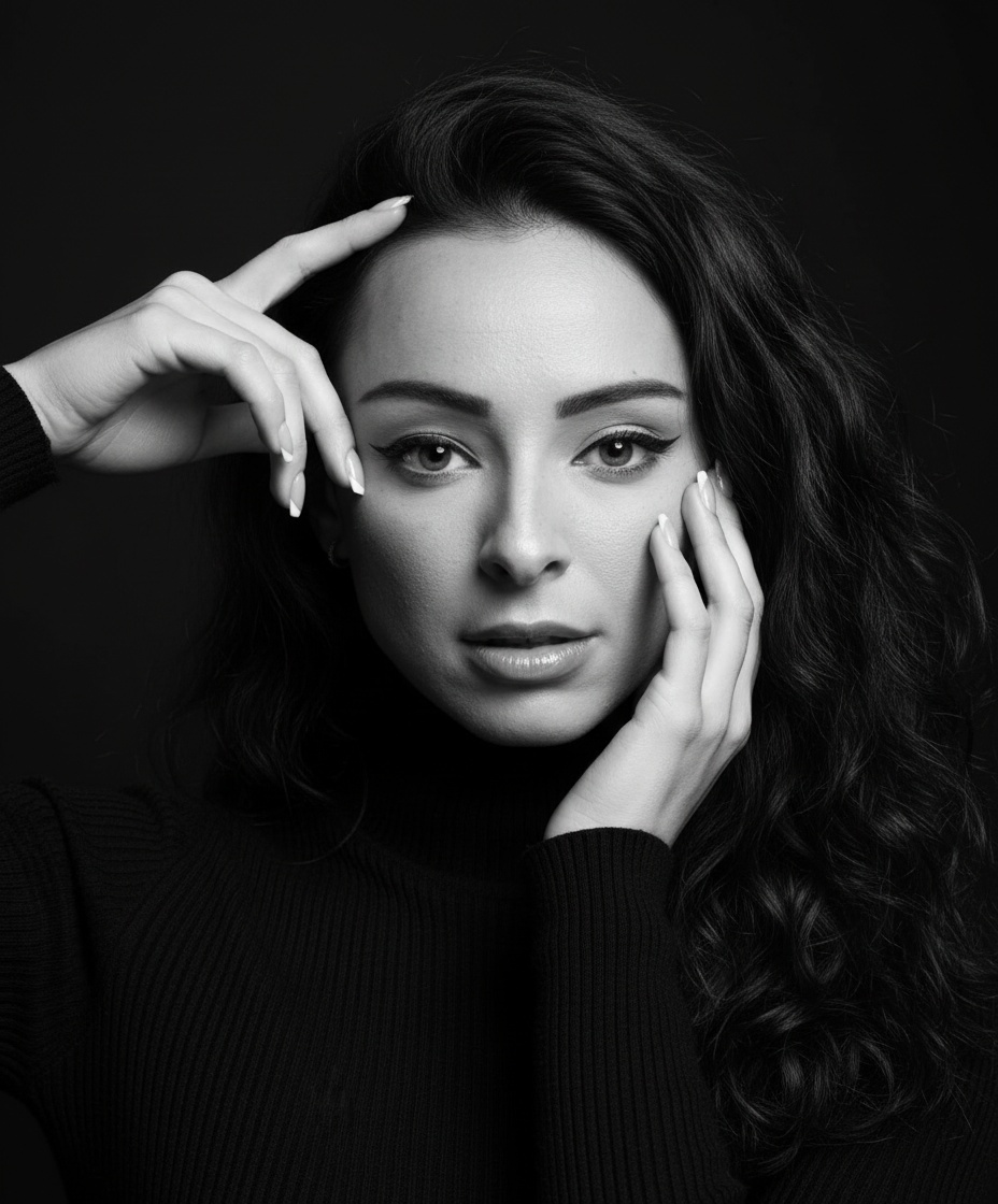 Black and white portrait of a woman with wavy hair, looking directly at the camera, touching her face and head with her hands.
