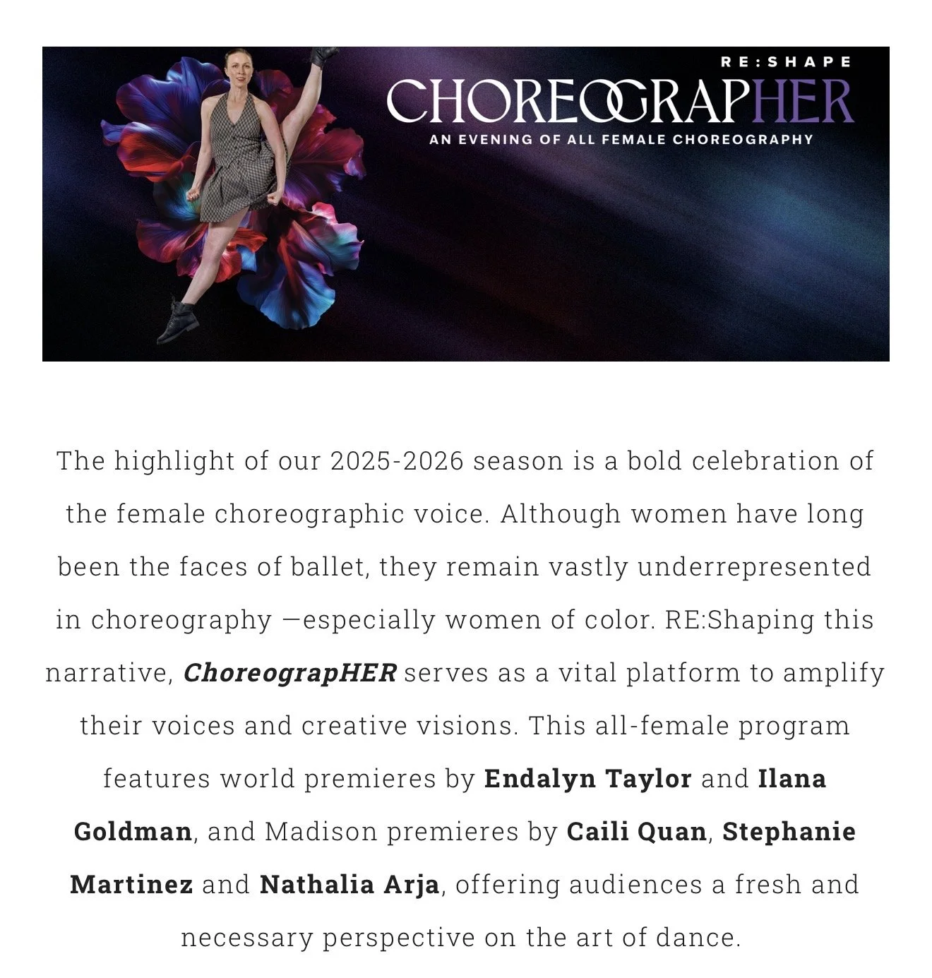 Promotional banner for the dance production 'ChoreographHER' featuring a female dancer in mid-air with a colorful floral background and event details.